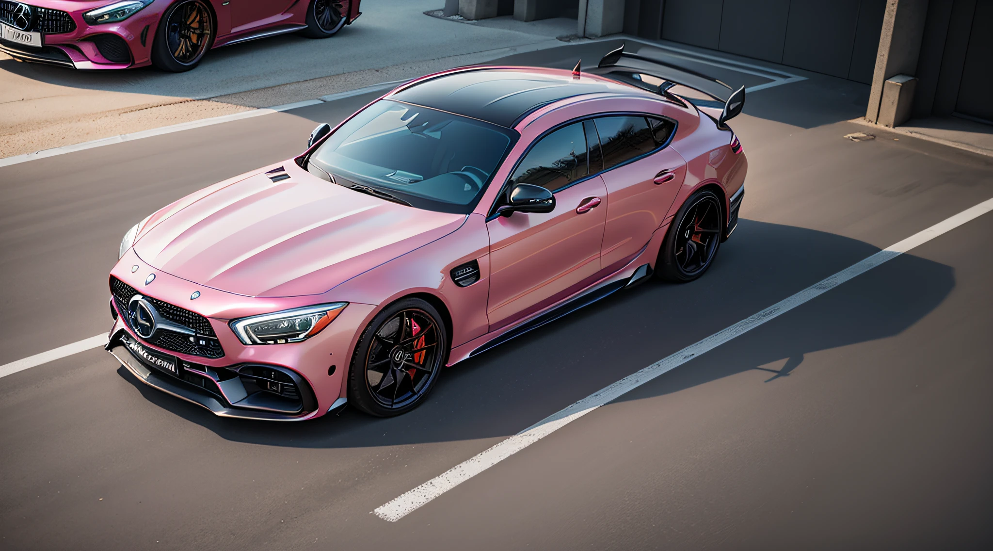 pink color,Mercedes Amg Gt 63,close-up photo,Photography,clear facial features,car inner view, cushion, sterling, rpm meter,character concept art,Assembly Drawing,360 panorama,full body,cinematic shot,film lighting,