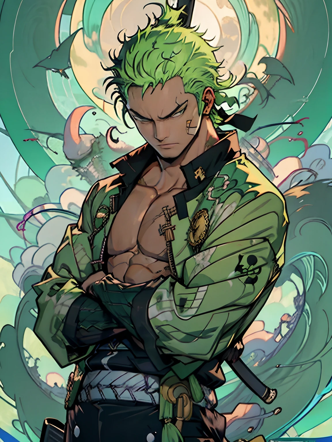 rORONOA Zoro DO ANIME "(ONE PEACE",) sozinho, Olhando para o Viewer, short GREEN  hair, mangas compridas, , GREEN PIRATE suit jacket, parte superior do corpo, arma, Foco masculino, Roupas japonesas, cabelos verdes, wHater, WAVES, de lado, cicatriz NO OLHO ESQUERDO, bainha, cicatriz no rosto, Embainhados, (slicked back GREEN  hair)