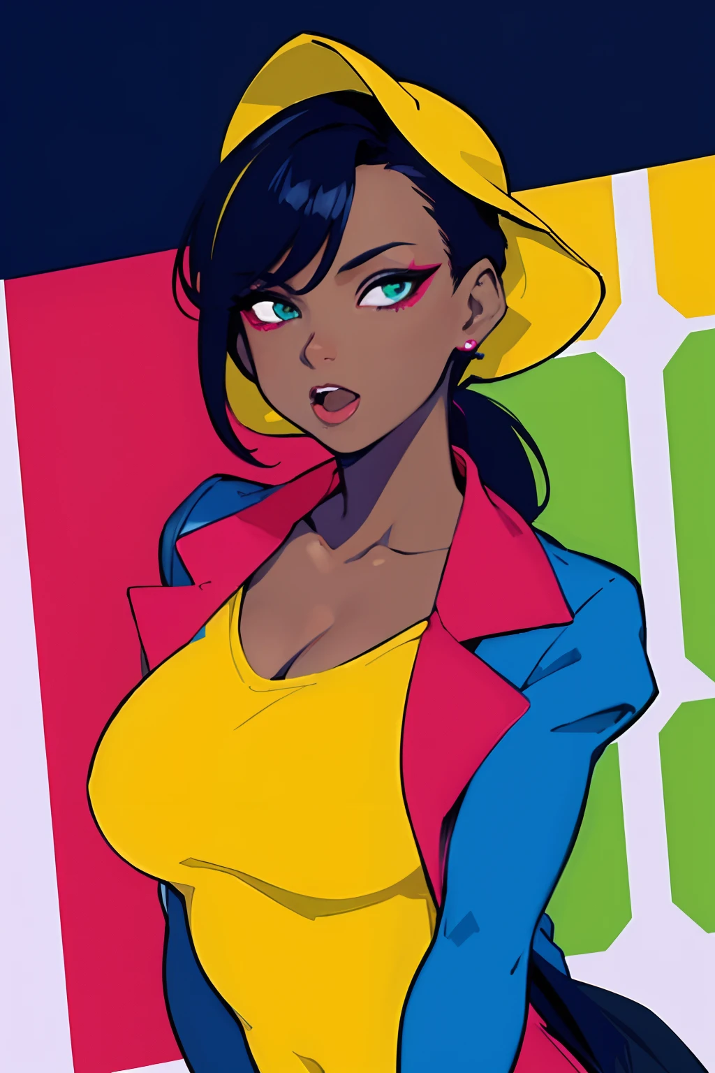 (masterpiece, best quality:1.4), (film poster, cover-style), young woman as the central character, sense of danger and intensity, dark and gritty background, The text is bold and attention-grabbing, color palette is mainly dark with splashes of vibrant colors, fashionable, woman, vibrant, outfit, posing, front, colorful, dynamic, background, elements, confident, expression, majestic, modern, trendy, focus, fashion,