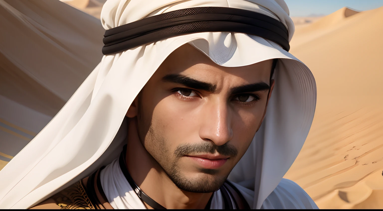 focus on the face of Arab man, montado em um camelo, olhando para o horizonte, em um deserto