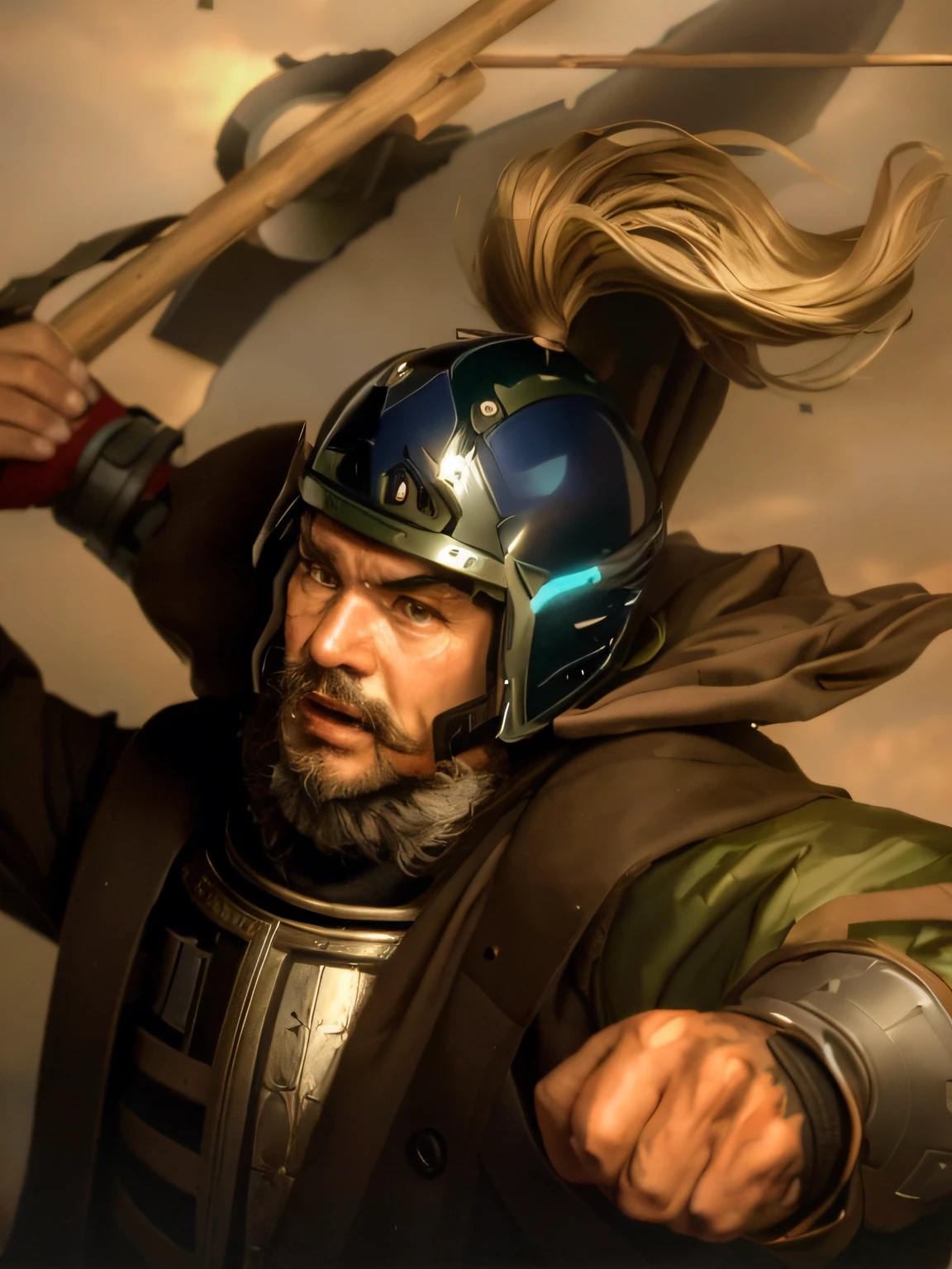 Man Holding a Stick and Wearing a Helmet