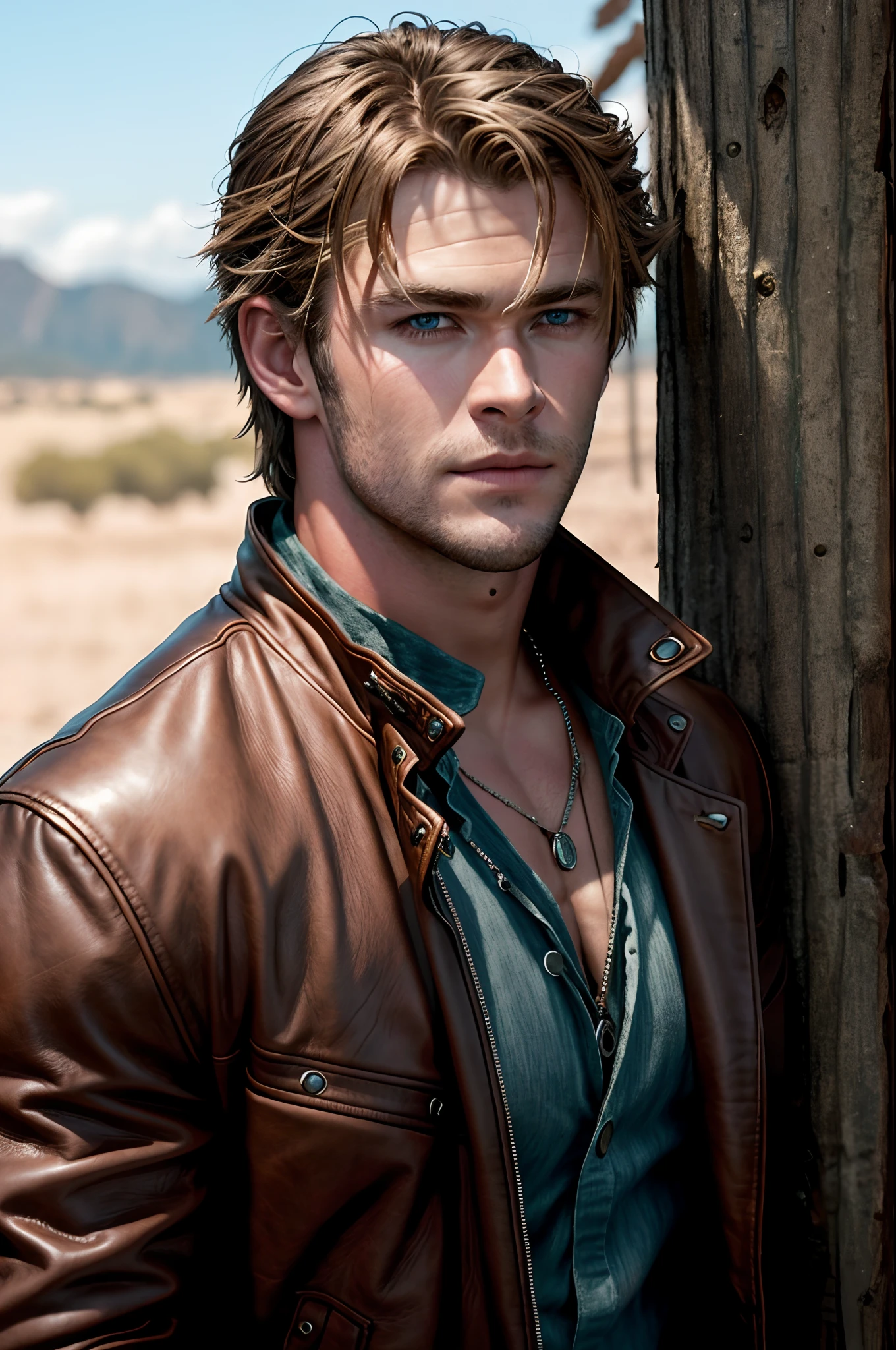 Close-up of handsome Chris Hemsworth wearing a brown leather jacket, piercing eyes, looking far away, centered, detailed face, high details, photography, outdoor setting, midday lighting, Nikon D850, 50mm, f/1.4