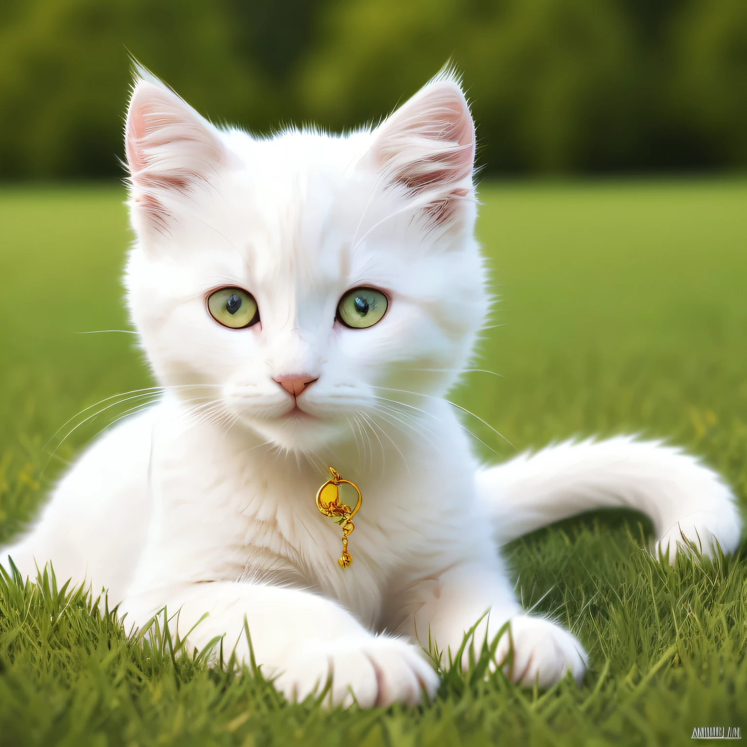 (best quality, complex details: 1.2,realistic:1.2) ,a pure white Beautiful lovly kitten siting on the grass ,(kind),movie,from right,(yellow eyes:1.2),