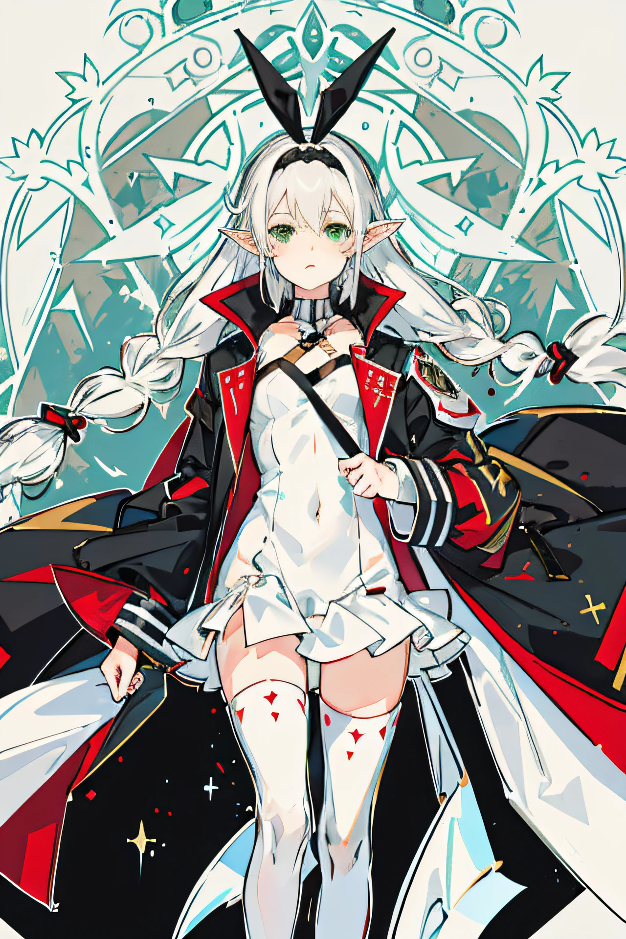masterpiece, high res, looking at viewer, 1 girl, long white hair, braids, green eyes, white crop top, black leotard, black tights, cloth hairband, hair accessory, red jacket, droopy elf ears, black strap, holding on to strap
