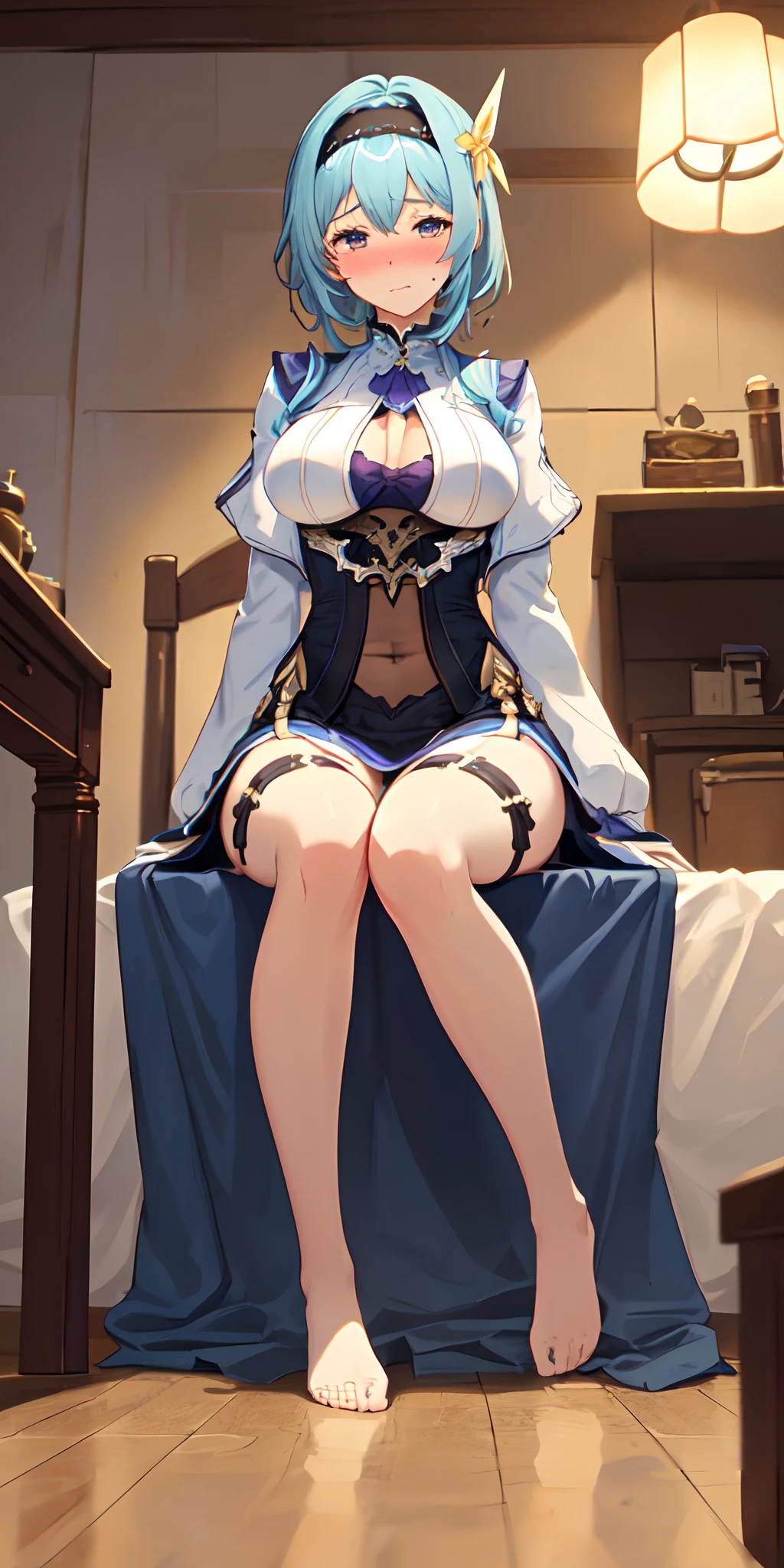 best quality, masterpiece, highres, solo, {bedroom}, (sitting:1.15}, {:1.40}, {bondage:1.30}, mature, blue_hair, bangs, hairband, breasts, black_hairband, medium_hair, hair_ornament, blush, yellow_eyes, large_breasts, purple_eyes, looking at viewer, {embarrassed:1.10}, provoking, hand on breast, POV, from below. wide angle, sitting lady position, full body