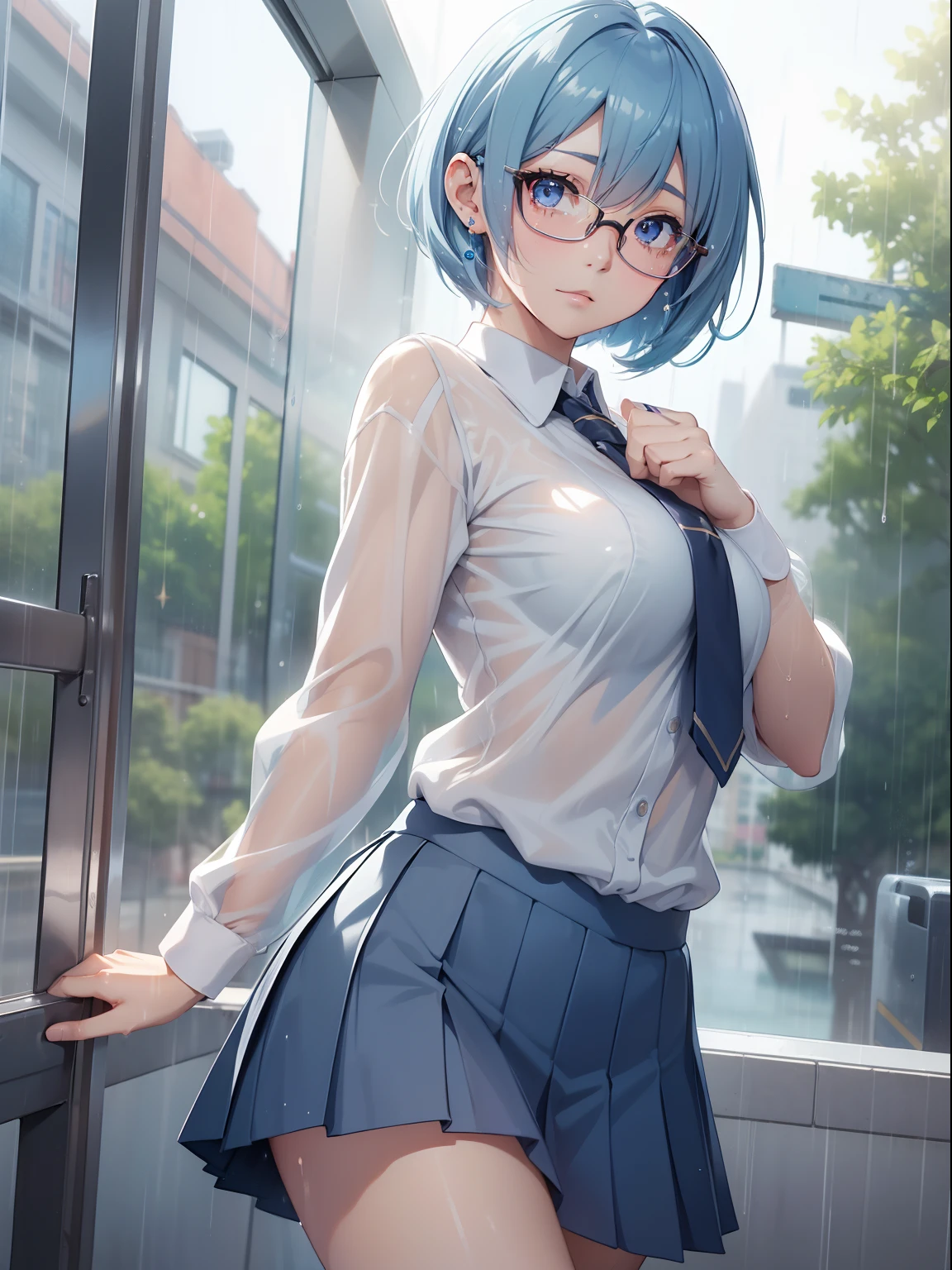 masutepiece, High resolution, 8K, anime woman, Delicate and detailed writing 、Detailed digital illustration、(((Pixie Bob)))、Shiny hair、a very beautiful woman、Eyes are double, Large,、 Bust D Cup、High image quality, High quality、Detailed background、((rainy background))、The inside of the eye shines like a diamond、(((Blue hair)))、(((swept bangs)))、Gradient pupil、(((2 arms、4 fingers, 1 thumb)))、Detailed female face、a very beautiful woman、、细致背景、​masterpiece、Soft Focus , Bright gradient watercolor , Lens Flare , (((Glitter))) , Glow , Dreamy ,、a miniskirt、Idol、Light blue ribbon、Very beautiful light blue rose hair accessories、White and light blue and golden costume、((POV))、(((wears glasses)))、Dynamic Poses、intelligent woman、Clothes are wet from rain、Clothes are wet and see-through、(((School Uniform 1.2)))、Wet hair、Water droplets on the hair、Pose to remove glasses、embarrassed