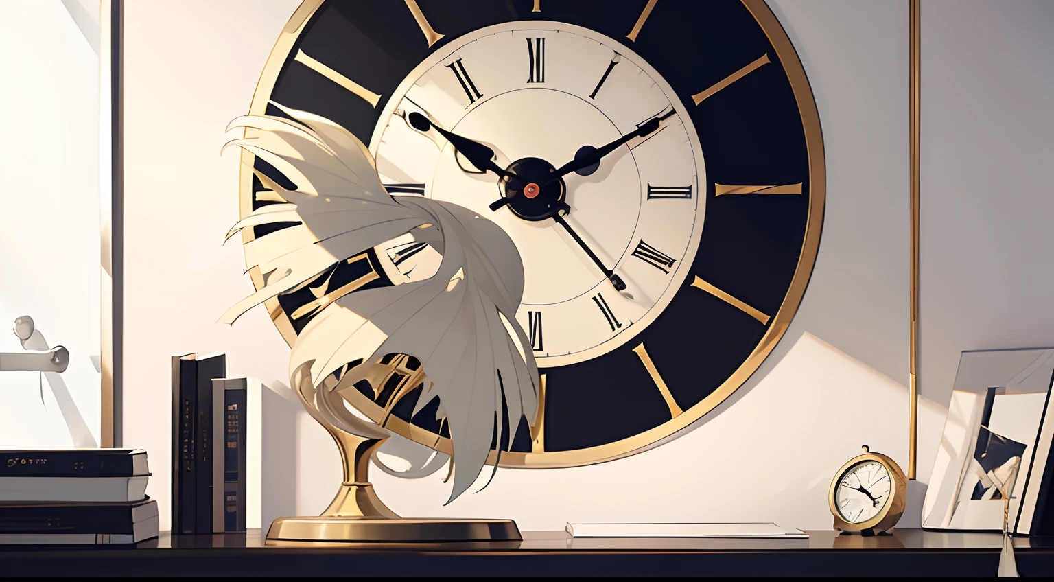 anime style clock, hanging on the wall, cream or white color wall, clock, 7:00 clock, 7 am, stylized clock, anime style