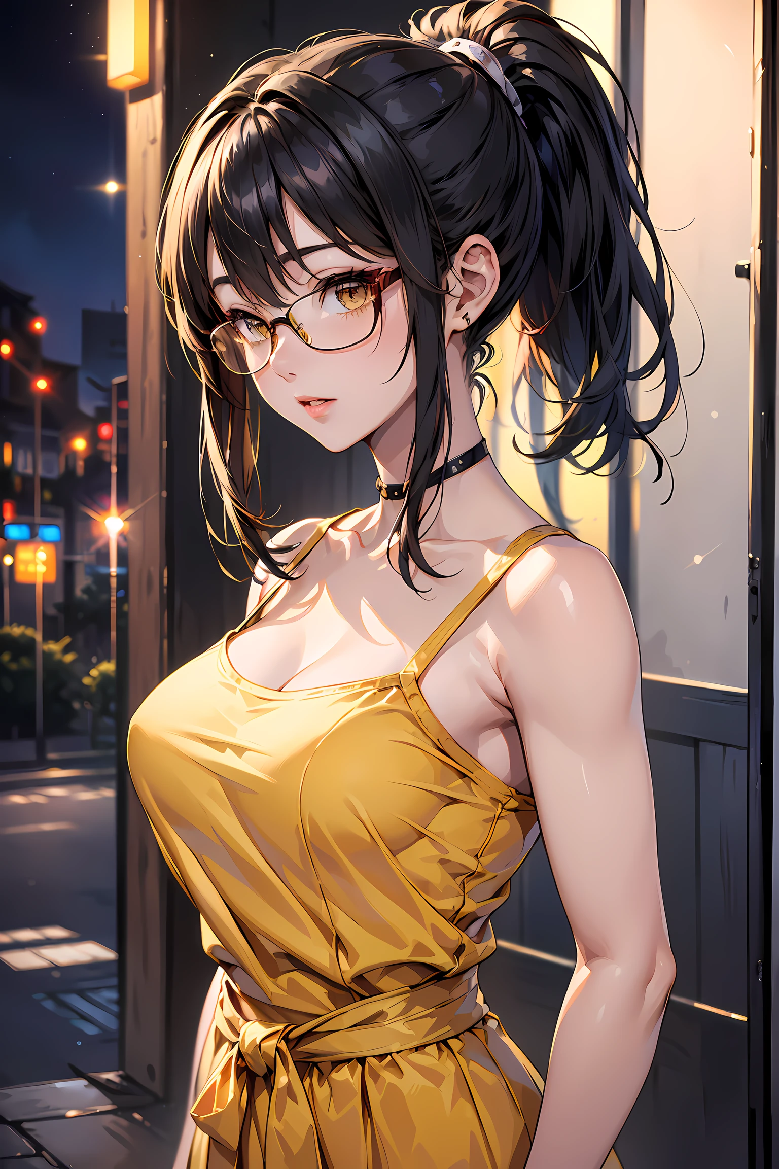 (1glasses girl:1.3, solo), (Audrey Hepburn:1.3), (a extremely pretty and beautiful Japanese woman), (sexy girl), (professional attire:1.3), (22 years old: 1.1), (walking on red carpet:1.3), (attractive random posing:1.3), (in the night royal party:1.3), (looking straight at you:1.3), (starring at you:1.3), (front view:1.3), break, (ponytail:1.3), (shiny-black thin hair:1.2), bangs, dark brown eyes, beautiful eyes, princess eyes, (big eyes:1.3), bangs, wearing a glasses:1.3, Hair between eyes, short hair:1.3, (slender:1.1), (small-medium-breasts:0.95), (thin waist: 1.15), (detailed beautiful girl: 1.4), Parted lips, Red lips, full-make-up face, (shiny skin), ((Perfect Female Body)), (upper body image:1.3), Perfect Anatomy, Perfect Proportions, (most beautiful Korean actress face:1.3, extremely cute and beautiful Japanese actress face:1.3), BREAK, (View viewer, wearing a lovely bitch cordinate, (insanely detailed yellow camisole dress:1.3), (white sleeveless top:1.3), (pin-heels:1.3), detailed clothes, BREAK, (detailed royal night party background:1.2), (dark background), (Studio soft lighting: 1.3), (fake lights: 1.3), (backlight: 1.3), BREAK, (Realistic, Photorealistic: 1.37), (Masterpiece, Best Quality: 1.2), (Ultra High Resolution: 1.2), (RAW Photo: 1.2), (Sharp Focus: 1.3), (Face Focus: 1.2), (Ultra Detailed CG Unified 8k Wallpaper: 1.2), (Beautiful Skin: 1.2), (pale Skin: 1.3), (Hyper Sharp Focus: 1.5), (Ultra Sharp Focus: 1.5), (Beautiful pretty face: 1.3), (super detailed background, detail background: 1.3), Ultra Realistic Photo, Hyper Sharp Image, Hyper Detail Image,