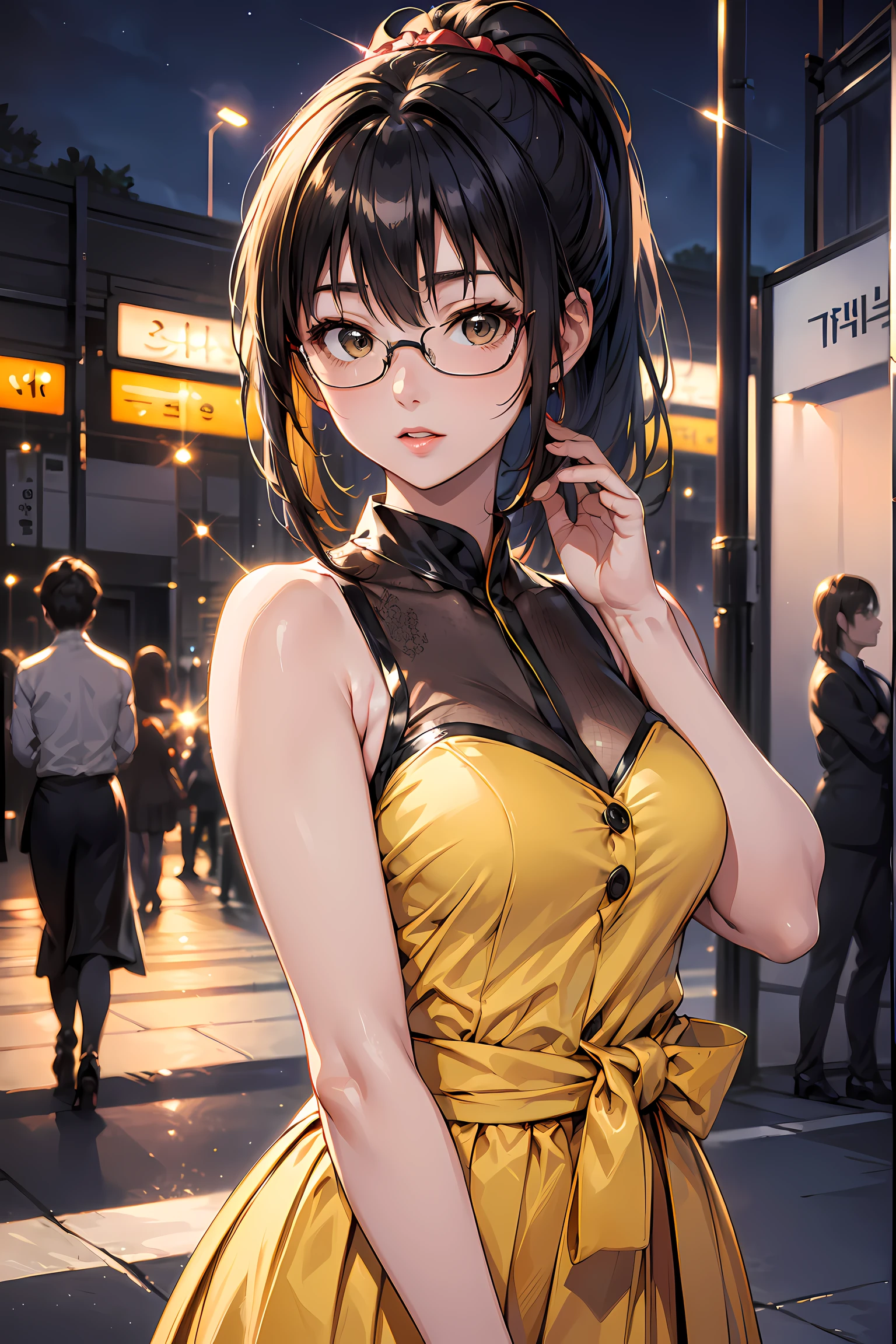 (1glasses girl:1.3, solo), (Audrey Hepburn:1.3), (a extremely pretty and beautiful Japanese woman), (sexy girl), (professional attire:1.3), (22 years old: 1.1), (walking on red carpet:1.3), (attractive random posing:1.3), (in the night royal party:1.3), (looking straight at you:1.3), (starring at you:1.3), (front view:1.3), break, (ponytail:1.3), (shiny-black thin hair:1.2), bangs, dark brown eyes, beautiful eyes, princess eyes, (big eyes:1.3), bangs, wearing a glasses:1.3, Hair between eyes, short hair:1.3, (slender:1.1), (small-medium-breasts:0.95), (thin waist: 1.15), (detailed beautiful girl: 1.4), Parted lips, Red lips, full-make-up face, (shiny skin), ((Perfect Female Body)), (upper body image:1.3), Perfect Anatomy, Perfect Proportions, (most beautiful Korean actress face:1.3, extremely cute and beautiful Japanese actress face:1.3), BREAK, (View viewer, wearing a lovely bitch cordinate, (insanely detailed yellow camisole dress:1.3), (white sleeveless top:1.3), (pin-heels:1.3), detailed clothes, BREAK, (detailed royal night party background:1.2), (dark background), (Studio soft lighting: 1.3), (fake lights: 1.3), (backlight: 1.3), BREAK, (Realistic, Photorealistic: 1.37), (Masterpiece, Best Quality: 1.2), (Ultra High Resolution: 1.2), (RAW Photo: 1.2), (Sharp Focus: 1.3), (Face Focus: 1.2), (Ultra Detailed CG Unified 8k Wallpaper: 1.2), (Beautiful Skin: 1.2), (pale Skin: 1.3), (Hyper Sharp Focus: 1.5), (Ultra Sharp Focus: 1.5), (Beautiful pretty face: 1.3), (super detailed background, detail background: 1.3), Ultra Realistic Photo, Hyper Sharp Image, Hyper Detail Image,