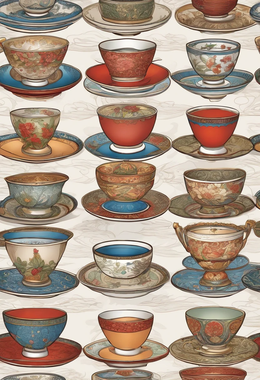 Teacups used in Japan tea ceremonies line-drawing