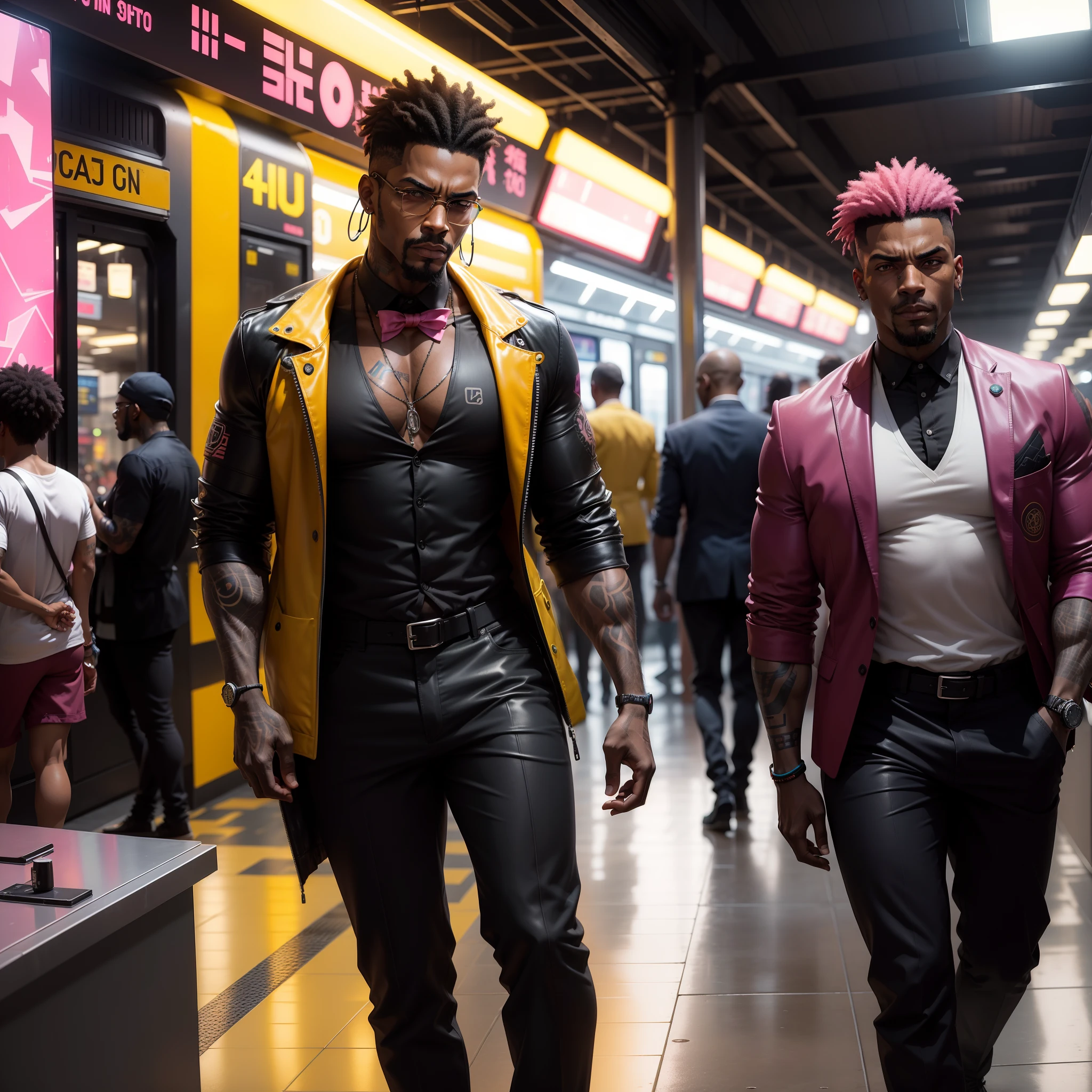 I'd like a cyberpunk style image in 4k average photo of three black characters ,40 anos de idade, africano, forte, musculoso, de pele negra ,com cabelo punk estilo anos 80 na cor amarelo e cinza escuro,muito eLegante,, futurista e estiloso neon , com uma tatuagem super colorida e com neon ,Toattoo, facing a metro station on the platform , with station lights failing in a dimly lit environment, standing dressed in a dark yellow suit with a pink bow tie and baggy shirt.