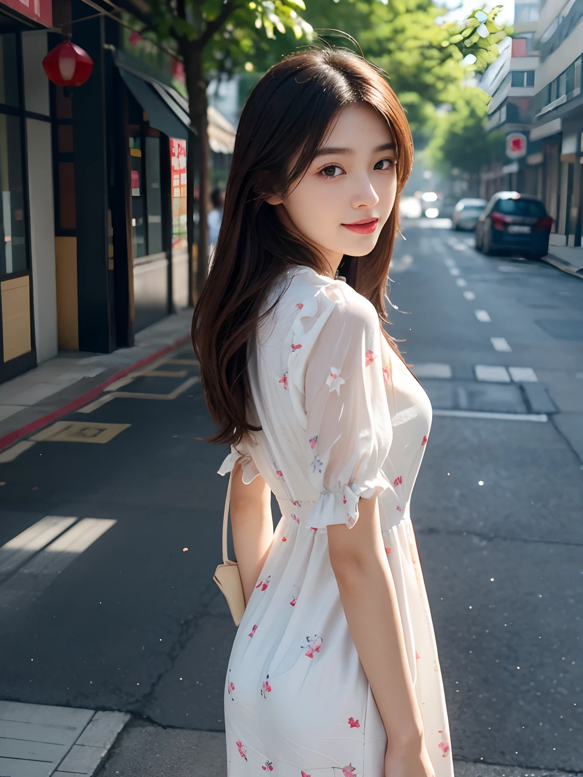 best qualtiy,tmasterpiece,超高分辨率,(真实感:1.4),RAW photogr,1girll,long whitr hair,Face Highlighting,Pure,Girly,Flushing,18yr old,18-year-old smiling female classmate,Pure,Innocent,(best qualtiy,8K,tmasterpiece:1.3),Goose egg face,largeeyes,long eyelasher,Exquisite(live-action realistic style),Star-like eyes,Ultimate face,Photorealistic light and shadow,Clear facial features,Milky white skin,Fair skin, highdetailskin, Realistic skin details, Visible Pore,(Super detail),(perfect bodies:1.1),long whitr hair,(dynamicposes),((Dynamic background((volumettic light:1.3)),Bigchest,Sakura pattern dress,Floral dress,liberta,Dashing,long leges,Shunguang,Street photography,Side Body,Look back into the camera