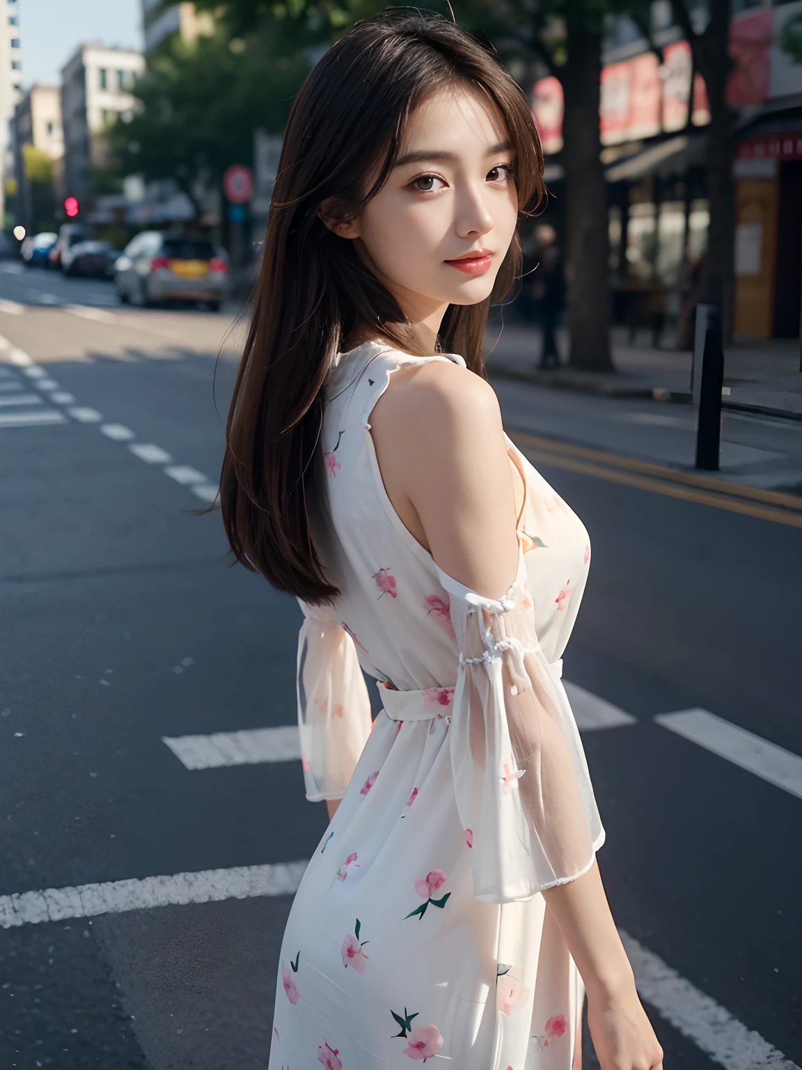 best qualtiy，tmasterpiece，超高分辨率，（真实感：1.4），RAW photogr，1girll，long whitr hair，Face Highlighting，Pure，Girly，Flushing，18yr old，18-year-old smiling female classmate，Pure，Innocent，（best qualtiy，8K，tmasterpiece:1.3），Goose egg face，largeeyes，long eyelasher，Exquisite（live-action realistic style），Star-like eyes，Ultimate face，Photorealistic light and shadow，Clear facial features，Milky white skin，Fair skin， highdetailskin， Realistic skin details， Visible Pore，（Super detail），（perfect bodies：1.1），long whitr hair，（dynamicposes），((Dynamic background((volumettic light：1.3))，Bigchest，Sakura pattern dress，Floral dress，liberta，Dashing，long leges，Shunguang，Street photography，Side Body，Look back into the camera