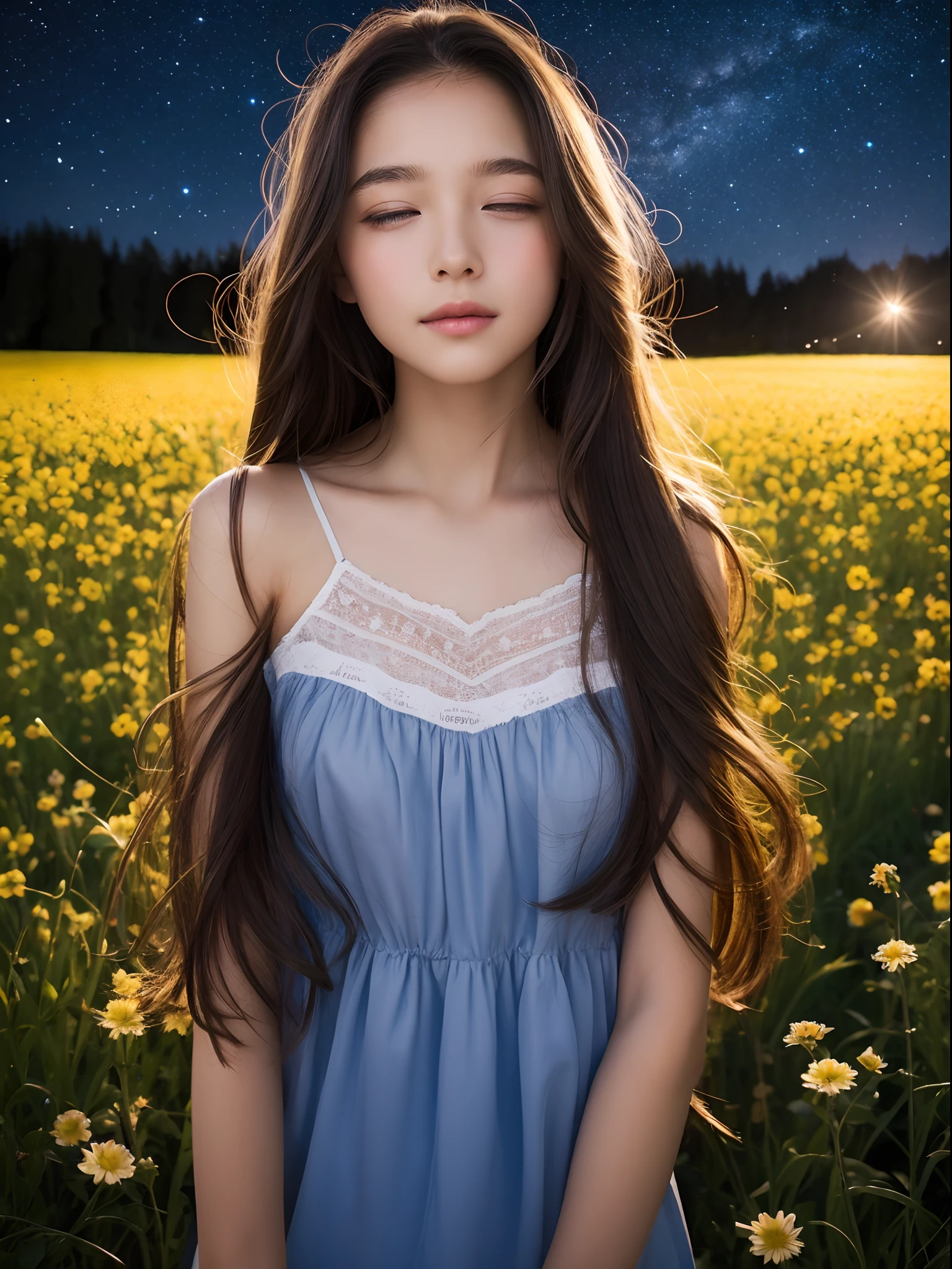 8K、12-year-old beautiful girl, Long hair, Night, Starry sky、Detailed beautiful sleeping face、Camisole Dresses, flower  field