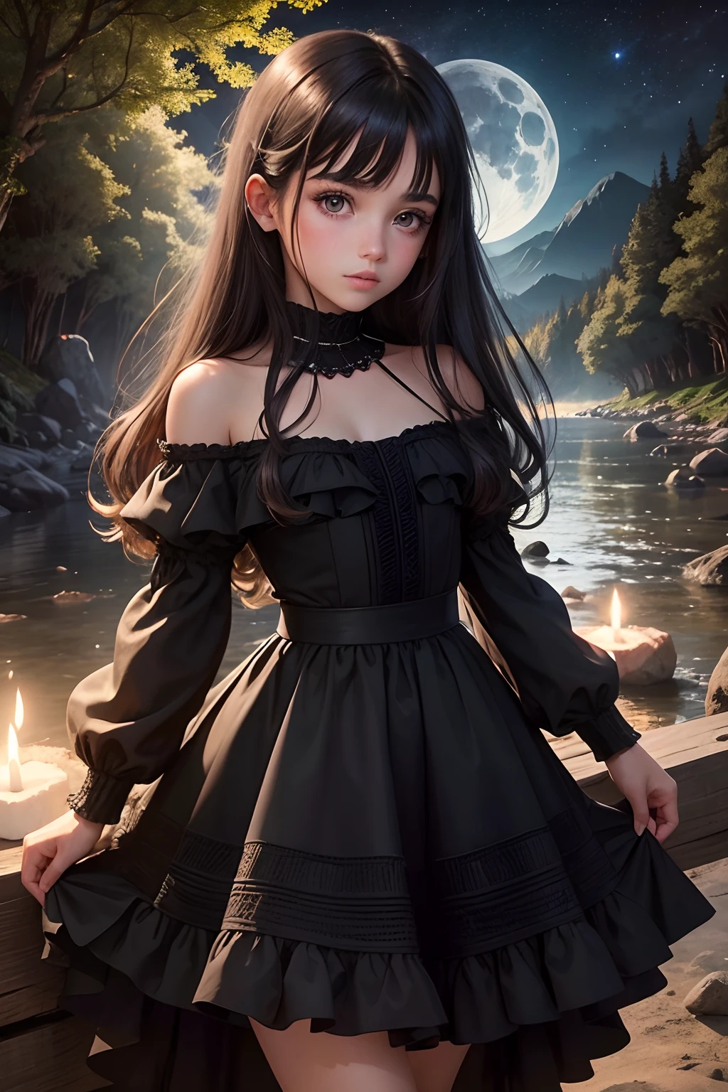 1  girl, muy hermosa, piel suave y cuerpo delgado, cabello largo y negro, ojos rojos, vestido largo de terciopelo negro, diamantes, abrigo, paisaje de bosque nocturno, caldero en una fogata, luna llena