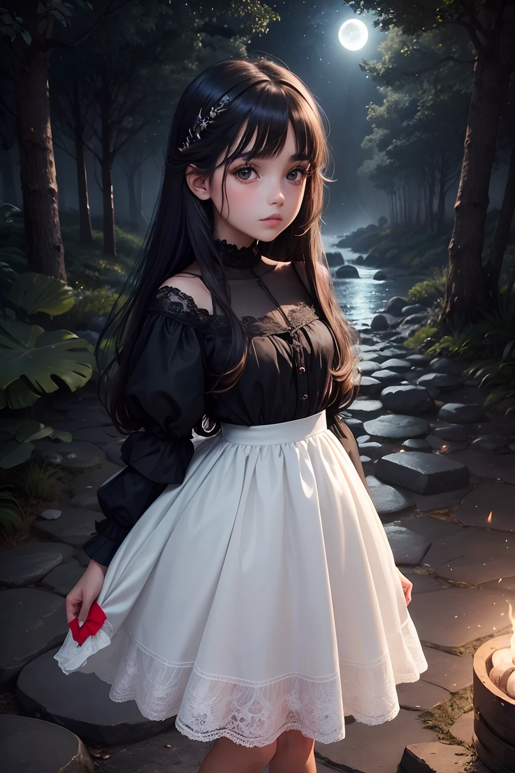 1 preteen girl, muy hermosa, piel suave y cuerpo delgado, cabello largo y negro, ojos rojos, vestido largo de terciopelo negro, diamantes, abrigo, paisaje de bosque nocturno, caldero en una fogata, luna llena