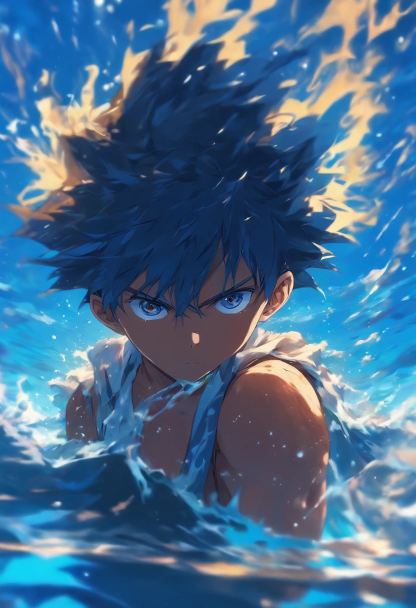 (Masterpiece), best quality, expressive eyes, a boy standing on water in the middle of the ocean, 1boy, school uniform,  side profile, reflection, royal blue, manga cover, far away shot, full body