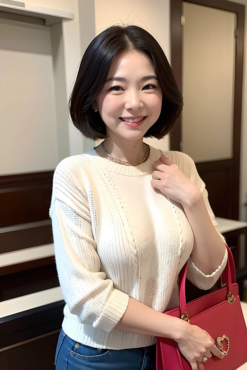 Close-up of a mature woman holding a purse and smiling,, mai anh tran, Mature woman, dang my linh, She was about 35 years old