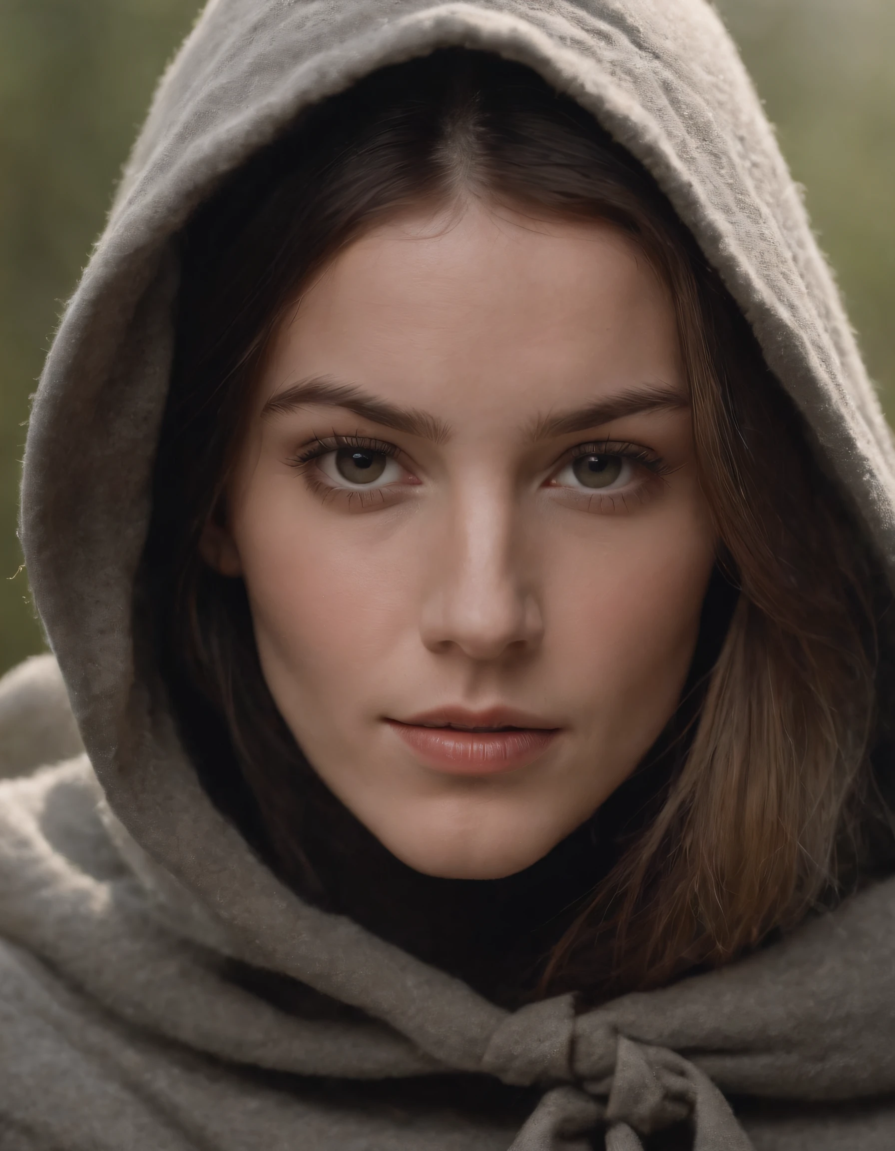 Portrait of hooded dancer, cinematic, clear facial expression, 35 mm, 1970,(medium close-up)