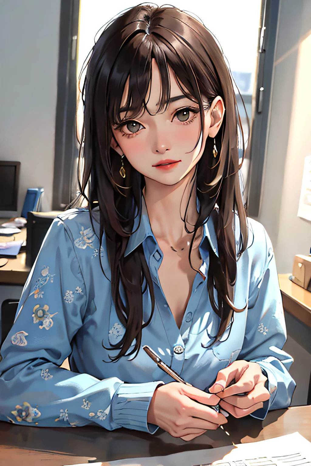 (​masterpiece:1.2, Top  Quality), (Real Pictures, intricated details), Solo, 1Middle-aged woman, close-up face, Printed shirt, (Front Focus), Looking at me, Bang bangs, Long hair, office