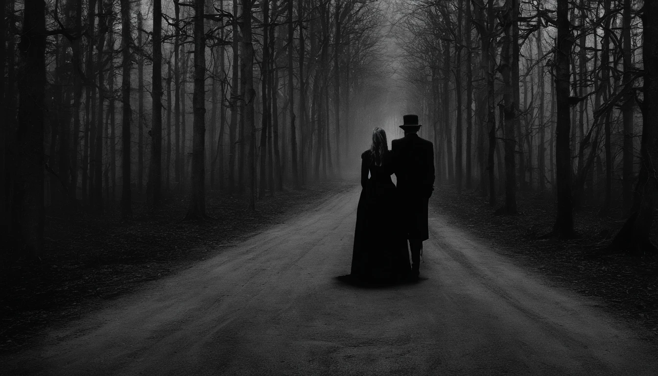 Um casal jovem, com olhares assustados, the racing heart revealing the fear on their faces. The atmosphere is gloomy, com sombras se estendendo ao seu redor. The atmosphere is tense, as if something terrible had happened. The image is captured in black and white, com contrastes intensos, adding a sense of suspense and mystery. The camera, uma DSLR, is set up with a wide aperture to blur the background and bring full focus on the couple.