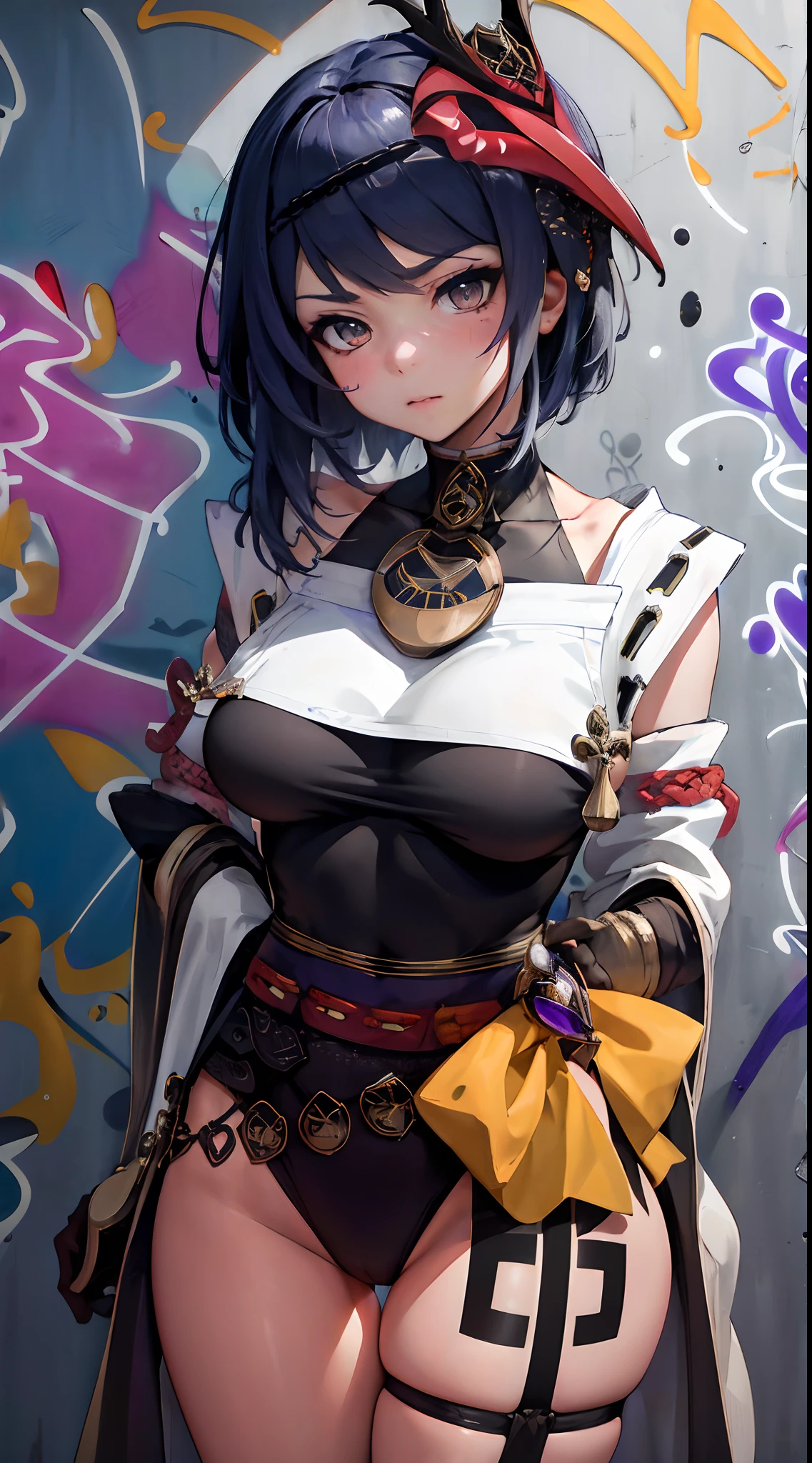 Kujou Sara Genshin Effect, masterpiece, bestquality, 1girls, oversized breasts, bara, choker, (Graffiti:1.5), Splash with purple lightning pattern., arm behind back, against wall, View viewers from the front., Thigh strap, Head tilt, bored, water eyes,