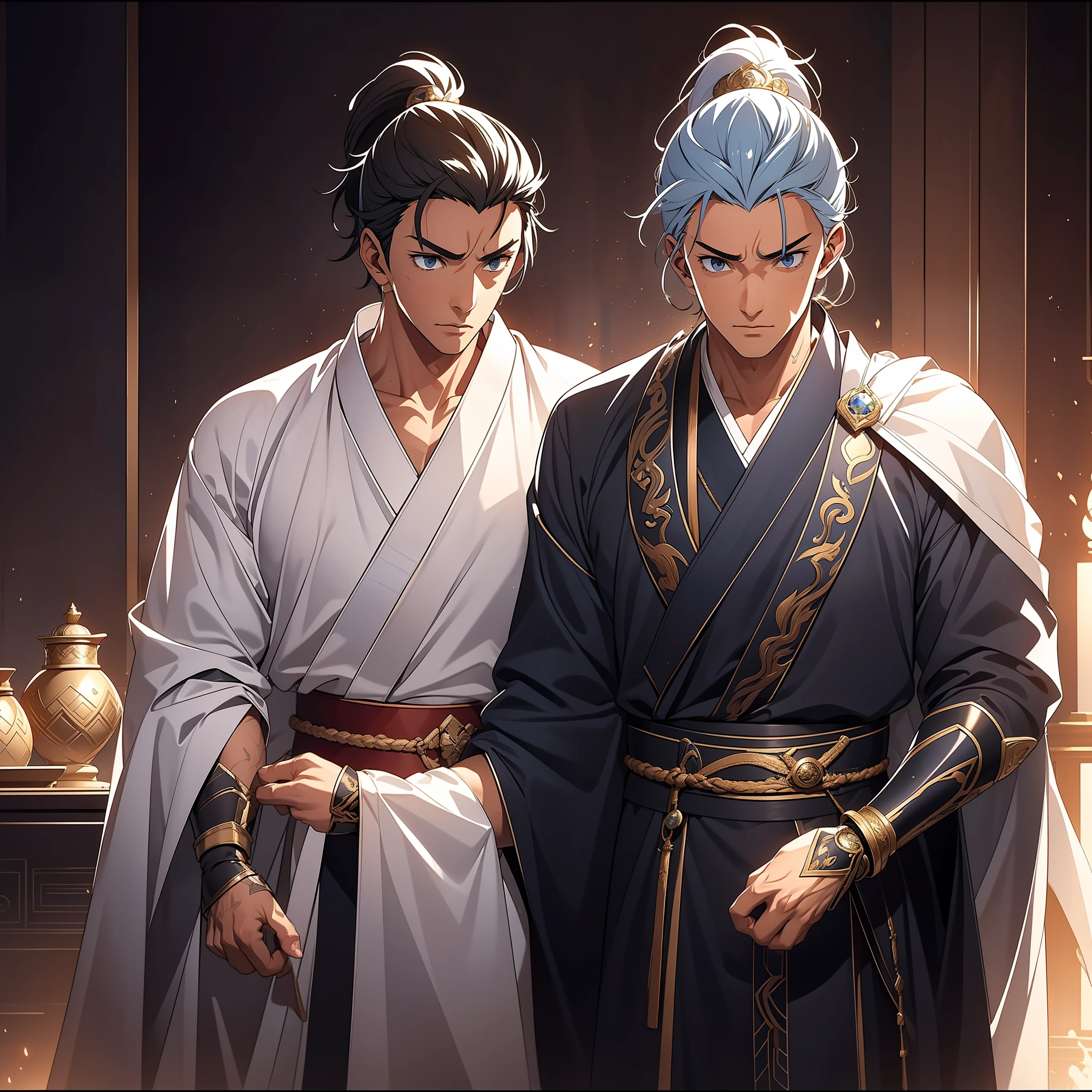 quadratic element，style of anime，mtu（Male Warrior），The proportions are correct，Face details，swordsmen，High ponytail hairstyle，Neck details，There is an Adam's apple，White robe，kaftan，long white robe，clothes details，Handing over，longer sleeves，Game quality，Swordsmanship，Light and shadow tracking，Ray traching，detailed glow，cg render，hair detail，cabelos preto e longos，blue colored eyes，Handsome，Handsome，（juvenile sense），Clothing is complicated，Perfectcomposition，Refinement，high qulity，higher details，Lots of details，The background is complex，a sense of atmosphere，