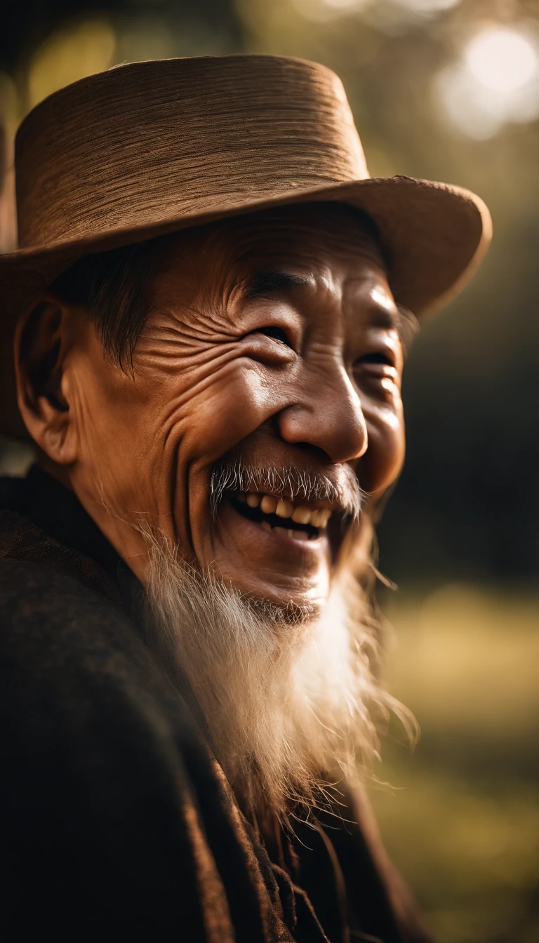A portrait of a real Chinese old man with a side face,The light and shadow in the photo are perfect, and the lens flare added a nice touch.He doesn't have too many wrinkles on his face,In a happy laugh.And the score of this photo is definitely greater than 10. The background is a solid color,It's a stunning photo