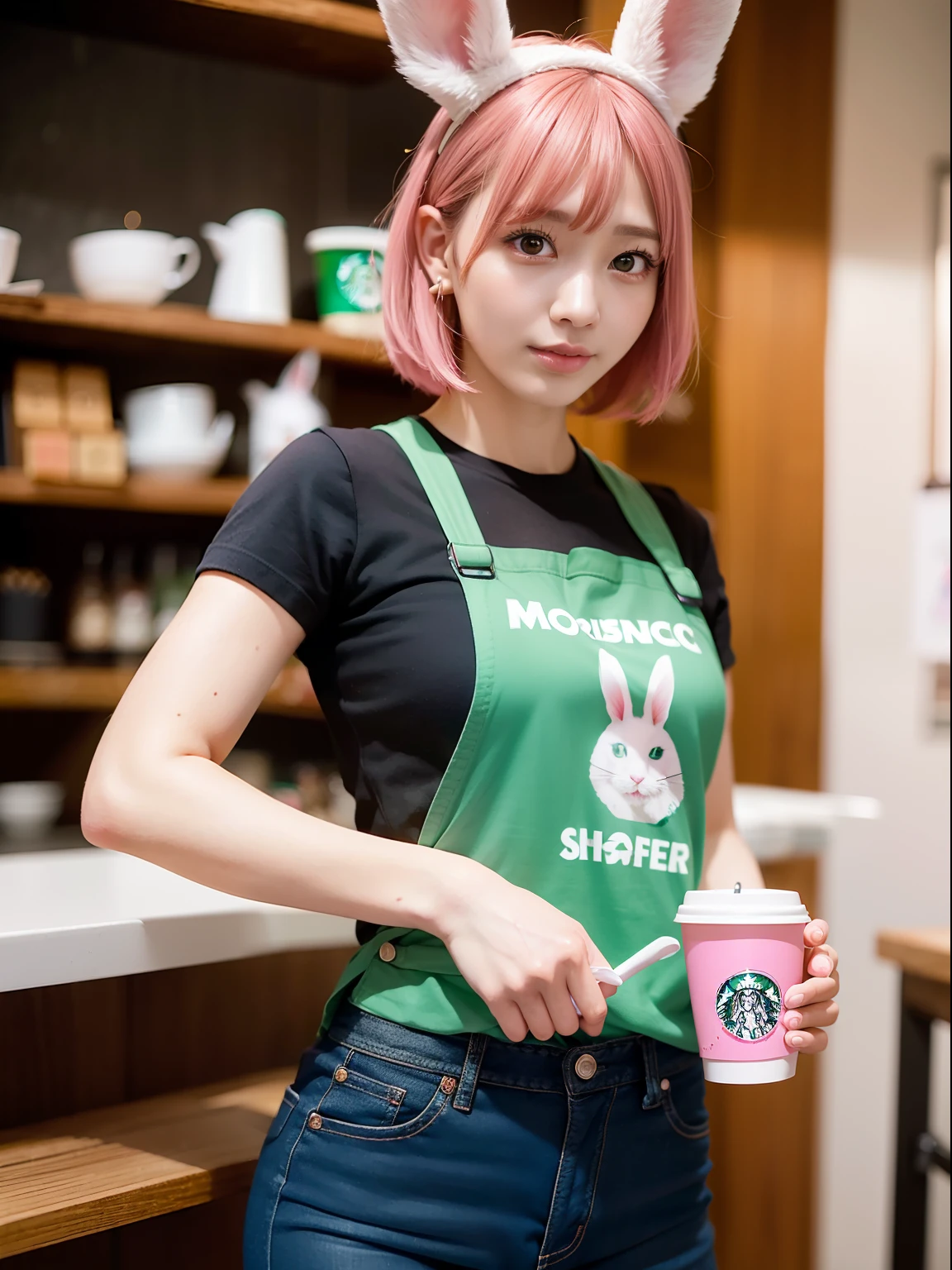 Cafe clerk、Black tee shirt、Tight jeans、Green apron、Starbucks Coffee、、Pink Shortcut Bob、Realistic rabbit ears、Realistic ears of rabbits sticking out of the head、Pink hair、Bewitching atmosphere、Beautiful shaped hands、K-POP、Pink rabbit ears、1 girl in、独奏、masterpiece、top-quality、realisitic、Hyper-detailing、(Glossy skin:1.4)、absurderes、short pink hair、Slender beauties、动态照明、hight resolution、foco nítido、depth of fields、(thick thight:1.0)、A slender :1.2、((Short-cut bob hair))、((k pop:1.3))、Highly detailed facial and skin texture、((魅惑的))、Anatomically correct number of fingers、Correct ???????、