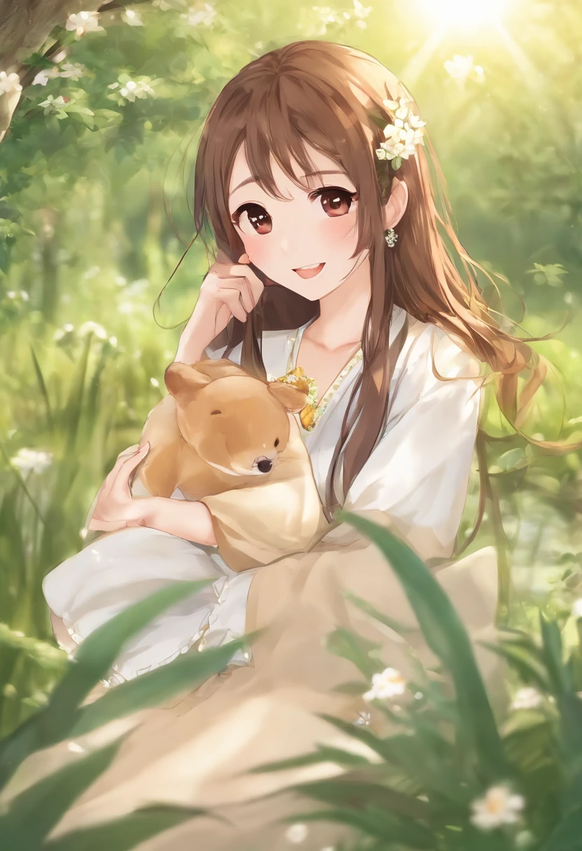 rays of sunshine，grassy fields，tmasterpiece，high high quality，malefocus，3 girls（lively and lovely），20-25 years old，cheerful big breasts，take hand，Japanese manga style，big laughter，Faraway view，Have a picnic by the creek，shiny skin，brunette color hair，with brown eye