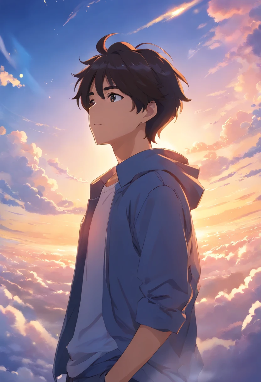 (best quality,highres,masterpiece:1.2),cinematic,portrait,1 adult male,dark hair,cloud,hovering in the sky,close-up,with bright light,happiness,soft warm lighting,the sunset,(sparkle:0.7)