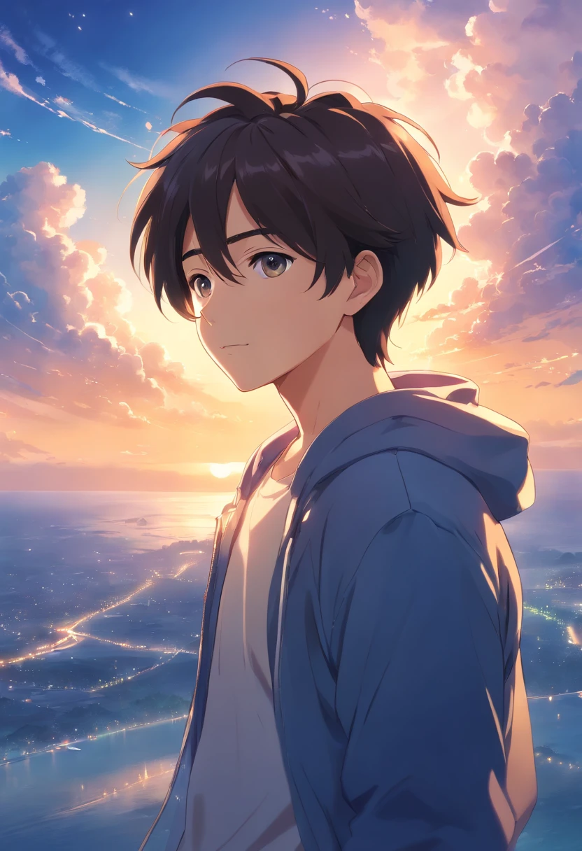 (best quality,highres,masterpiece:1.2),cinematic,portrait,1 adult male,dark hair,cloud,hovering in the sky,close-up,with bright light,happiness,soft warm lighting,the sunset,(sparkle:0.7)