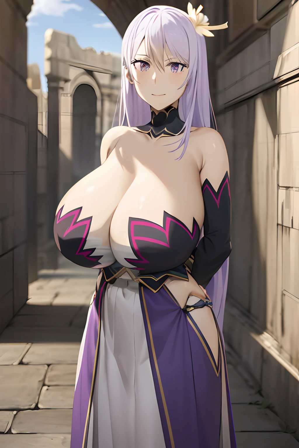 masterpiece, ((royal dressed)), ((wing)), halo, (best quality), (solo), 1girl, reona, silver hair, purple hair , (long skirt), long hair, purple eyes, sexy woman, hair between eyes, hair ornament, vibrant colors , natural lighting, RTX, (huge tits), (detailed face:1.2), (perfect eyes:1.1) ,(photorealistic:1.1), 8k uhd, looking a viewer, outdoors, simple backround, smile, (full body), ((standing), temple ruins, cleavage, gold accessories, blush face,