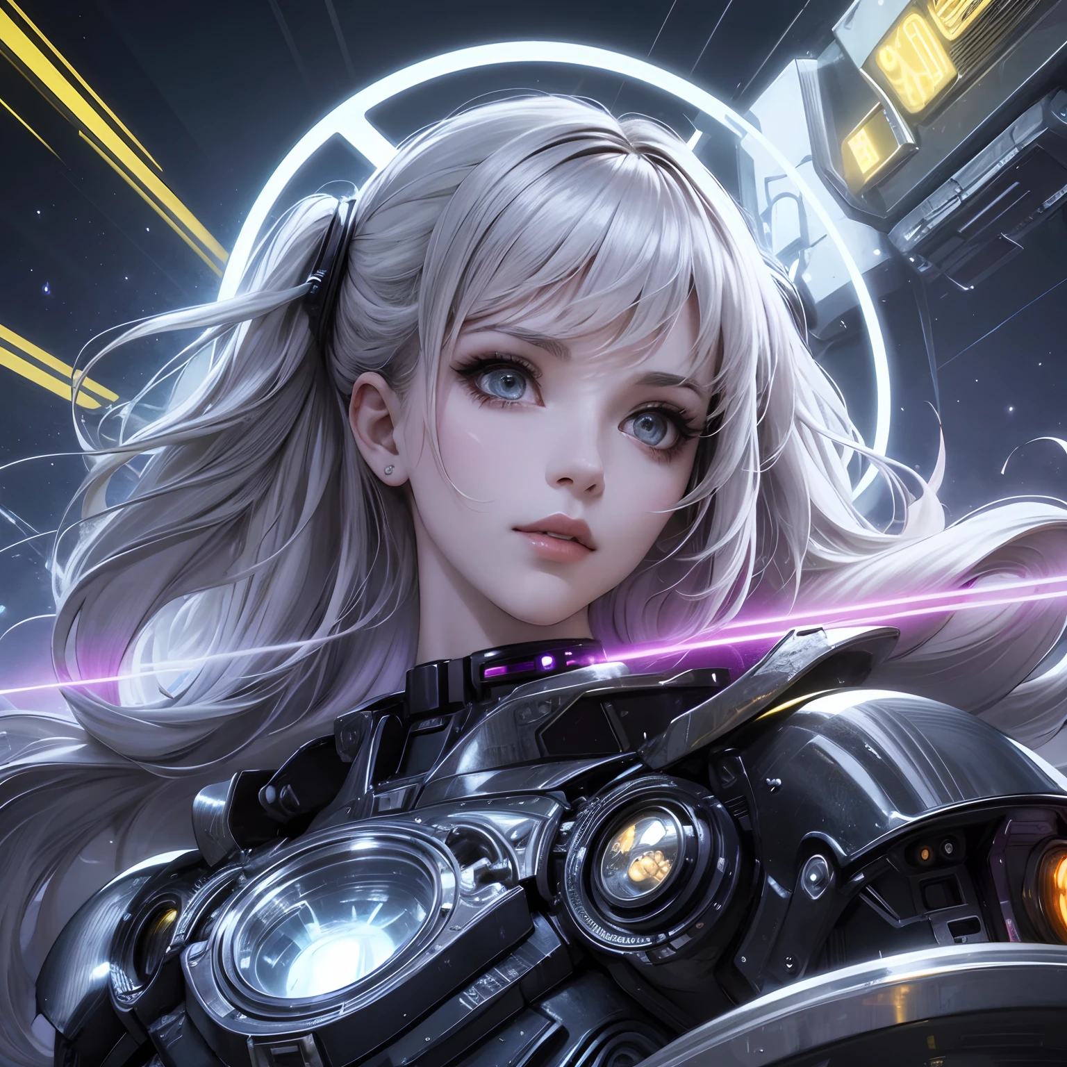 super high image, super detail, super high resolution, the face is human and the body is chrome mechanical parts sexy beautiful cute female floating in the sky, light silver glossy braided bangs hair, precise and detailed parts, cyberpunk midnight city, ruins, piles of rubble, puddles, iridescent, background fantasy, galaxy, magic circle, kaleidoscope, rainbow and gold neon light many lines, professional lighting