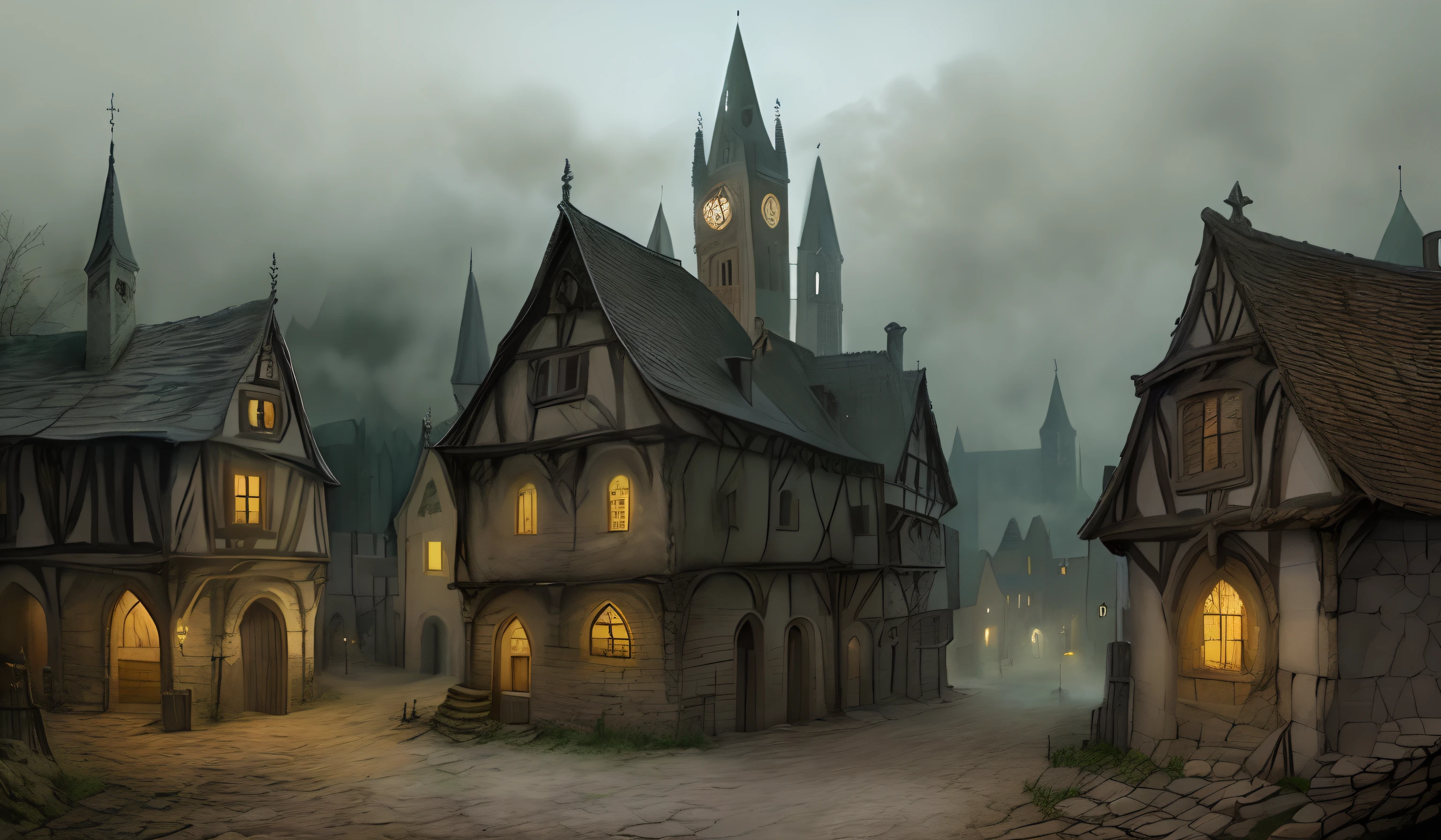 Old medieval town, Gothic, night, mist, dirt, dust, crows