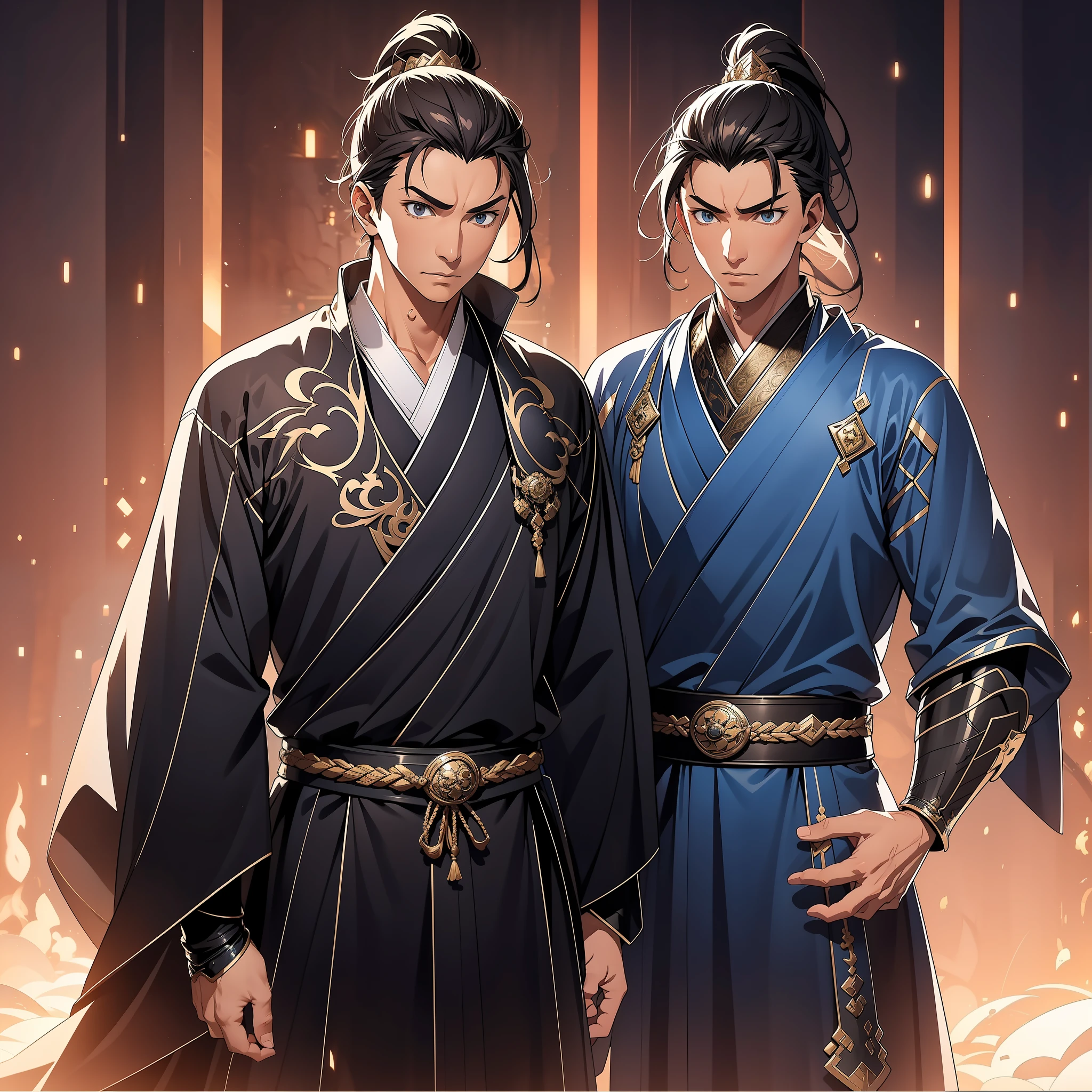 quadratic element,style of anime,mtu(Male Warrior),The proportions are correct,Face details,swordsmen,High ponytail hairstyle,Neck details,There is an Adam's apple,Blue suit,kaftan,long blue robes,clothes details,Handing over,longer sleeves,Game quality,Swordsmanship,Light and shadow tracking,Ray traching,detailed glow,cg render,hair detail,Black long hair,blue colored eyes,Handsome,Handsome,(juvenile sense),Clothing is complicated,Perfectcomposition,Refinement,high qulity,higher details,Lots of details,The background is complex,a sense of atmosphere,