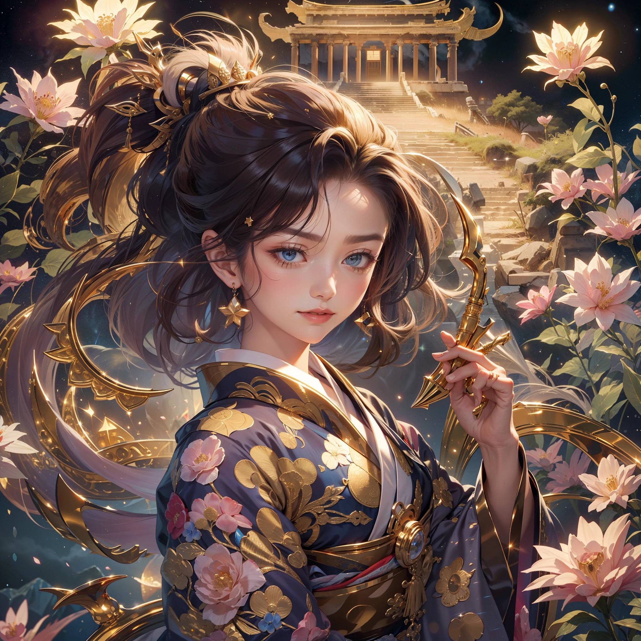 a moon、Detailed background((ancient city:1.2),Detailed starry sky background),glossy dark hair,Ponytail BREAK,elaborate costume{Luxury kimono(Colorful kimono(Detailed golden embroidery,))}、face perfect,Depict a beautiful and graceful woman of Japan。Heart in the eye。 Wallpaper 8K, .Blur the background with a sickle,((masutepiece)), ((Best Quality)),{{a portrait photo of}}