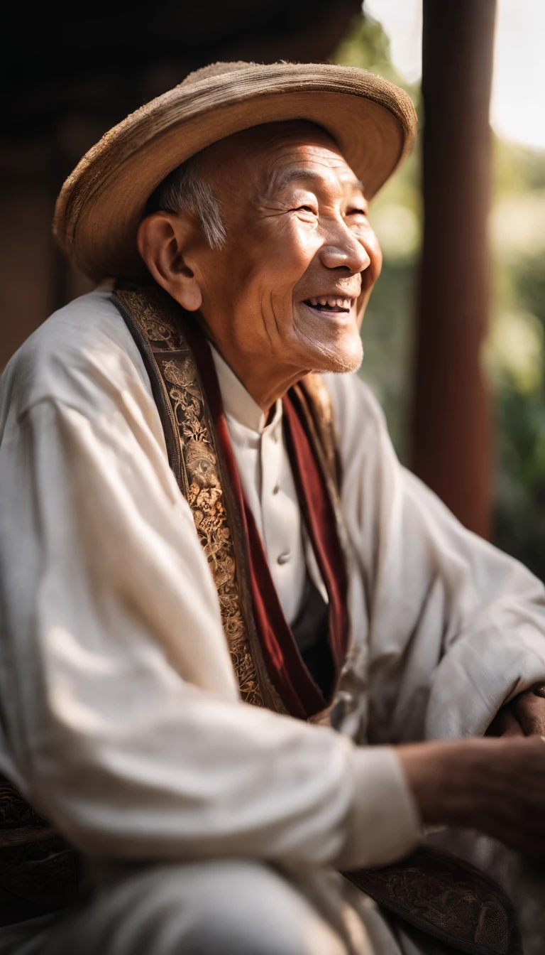 A portrait of a real Chinese old man with a side face,The light and shadow in the photo are perfect, and the lens flare added a nice touch.He doesn't have too many wrinkles on his face,In a happy laugh.And the score of this photo is definitely greater than 10. The background is pure white，It's a stunning photo
