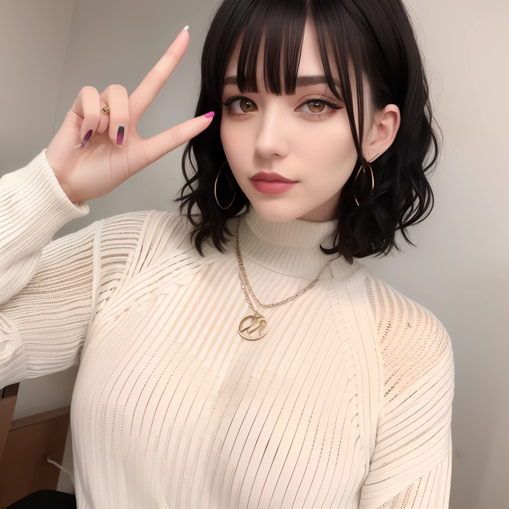 Best quality, masterpiece, super high resolution, (realism: 1.4), tattoos, black curly hair, short hair, pale skin, bedhead, goth, happy, wispy bangs, textured turtleneck sweater, peace sign, chain necklace