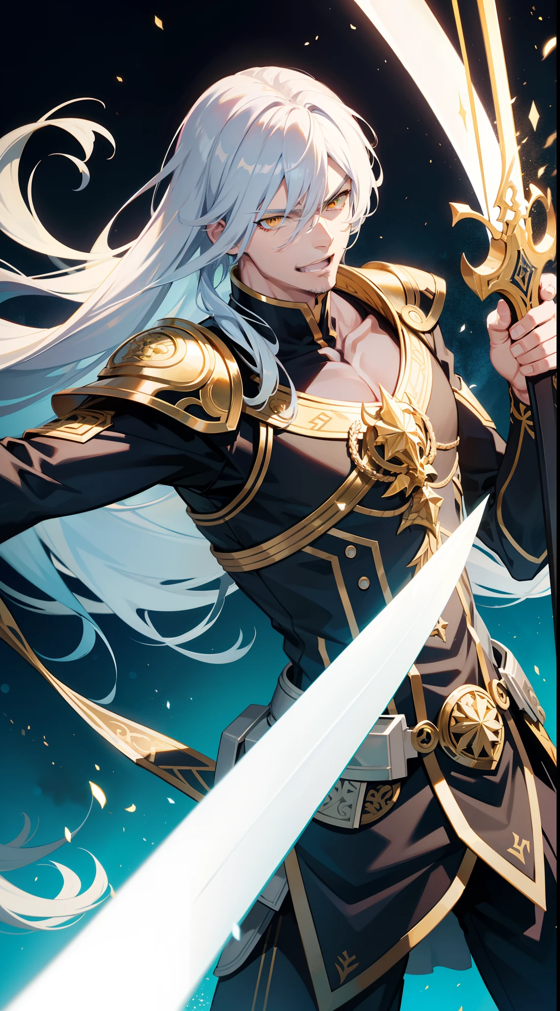 Grown-up guy, Long white-blue hair, yellow eyes, muscles, smirk, open mouth, black mercenary form, sword, sleevelese, gold elements, Masterpiece, hiquality, higly detailed, HD, 4k
