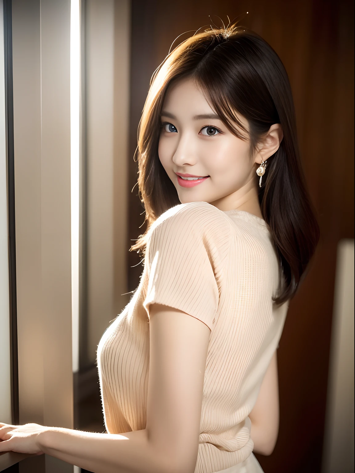 8k, Ultra-high resolution, highest quality, masterpiece, Surreal, photograph, 1 girl, (16 years old:1.3), pretty girl, Cute Face, Beautiful eyes in every detail, 細かくdetailedに,masterpiece,, One Girl:1.2, Japan Female Announcer, One beautiful woman,photographのポーズをとる灰色のトップの女性の接写,Grey Dress, Off the shoulder, Cafe,Shortcuts,Black Hair,Bold Pose,Looking at the audience、beauty,Long neck、Laugh a little、Please close your mouth and laugh、(((Ideal body type))),A cup small breasts :2,、Portraiture:2、Perfect Anatomy、鮮明なdetailed、detailed、Surreal、Light and shadow,Strong light,Fashion magazine cover,Thin lips