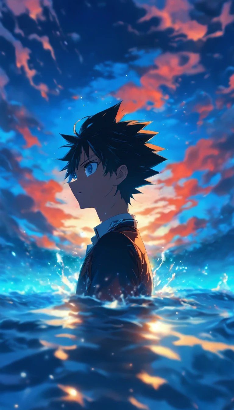 (Masterpiece), best quality, expressive eyes, a boy standing on water in the middle of the ocean, 1boy, school uniform, side profile, reflection, royal blue, manga cover, far away shot, full body