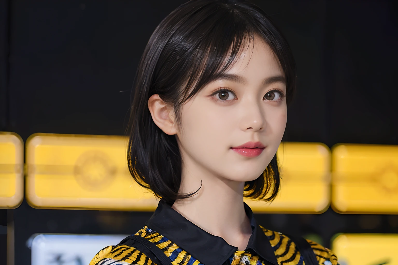 ((1womanl)), (((Black Shorthair))), (masuter piece:1,3)、top-quality、masterpiece、hight resolution、Original、highly detailed wallpaper、jeans、Large ribbon, (A slight smil)、a small face、((Breast bulge))、(Zebra print t-shirt)、(Yellow and blue clothes)、(Light on Face)、Live-action style, Beautiful facial features, darkened room, Gunman Shot
