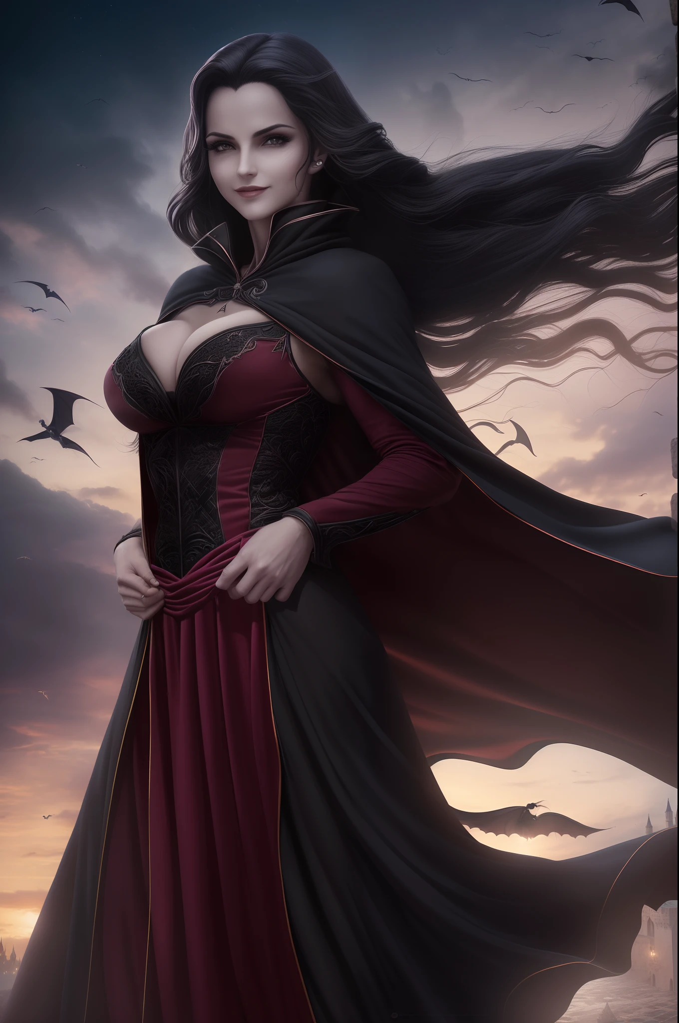 ( qualidade 8k ), ( melhor qualidade ), ( Ultra HD | ), ( Anatomia do personagem perfeita ), ( perfect lighting ), ( Foto corpo inteiro 8k ), ( Detalhamentos perfeitos ), ( Detalhes do personagem perfeitos ), ( Details of the perfect setting ), ( obra prima ), ( Simetria do rosto do personagem perfeito ), ( Construction of the body of the delicate female character ) Uma Condessa Vampira perfeita, extremamente bela, com cabelos azuis (( hair fluttering in the wind )), Large succubus handles (( Cor das Asas Interna Vermelha, Externa preto )) , corpo perfeito, rosto lindo, torso, pernas, Arms, smile shy, ((calm expression)), ((sangue escorrendo na latera da boca)), wearing Count Dracula's clothes in black, corpo inteiro vampiro traje cor vermelha, wearing a black robe of Count Dracula, ((Hair fluttering in the wind)), ( Transylvania scenario ), ( Castle in Transylvania ), ( Starry Night Schedule ).