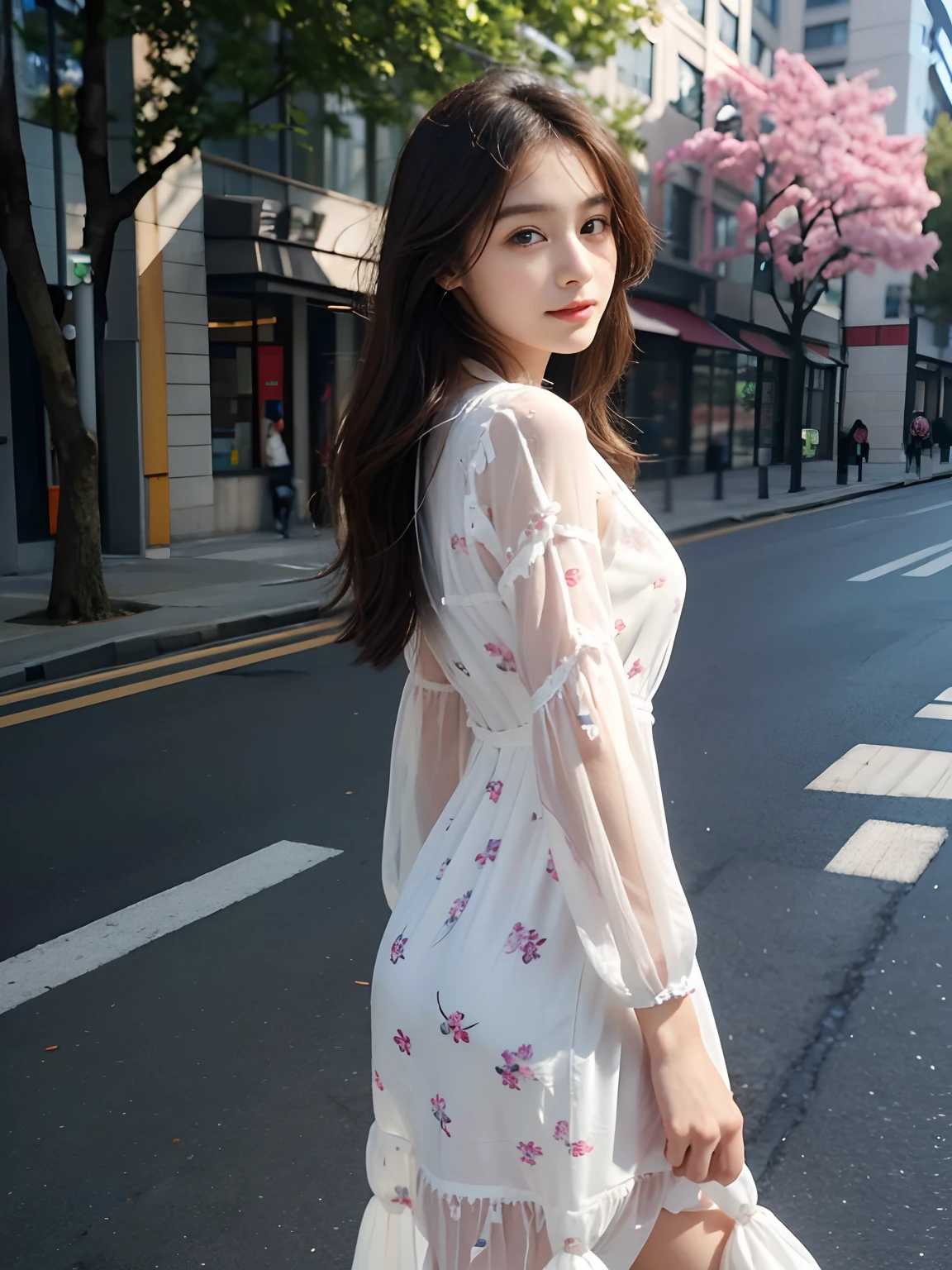 best qualtiy,tmasterpiece,超高分辨率,(真实感:1.4),RAW photogr,1girll,long whitr hair,Face Highlighting,Pure,Girly,Flushing,18yr old,18-year-old smiling female classmate,Pure,Innocent,(best qualtiy,8K,tmasterpiece:1.3),Goose egg face,largeeyes,long eyelasher,Exquisite(live-action realistic style),Star-like eyes,Ultimate face,Photorealistic light and shadow,Clear facial features,Milky white skin,Fair skin, highdetailskin, Realistic skin details, Visible Pore,(Super detail),(perfect bodies:1.1),long whitr hair,(dynamicposes),((Dynamic background((volumettic light:1.3)),Bigchest,Sakura pattern dress,Long floral dress,liberta,Dashing,long leges,Shunguang,Street photography,Side Body,Look back into the camera