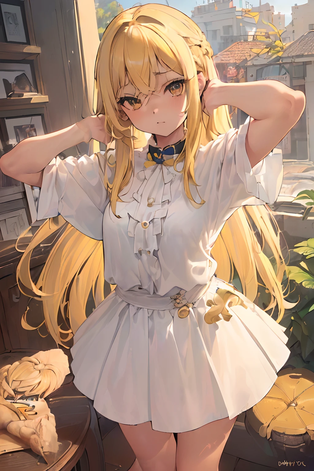 Photorealistic:1.5, Beautiful woman, extremely long hair, white yellow hair, (amber color eyes:1.5), (masterpiece:1.3), (best quality:1.3), high-resolution, Head-on angle, Body facing forward, solo, beautiful detailed eyes, shadow lighting, beautiful detailed glow, best illuminate, (((best quality, textile shading, ultra detailed))), extremely detailed CG unity 8k wallpaper, Highly Detailed beautiful and aesthetic, best light, high resolution, detailed, dynamic lighting, 1Character, cell shade, soft, muted shades, gentle colors, (flat chest:1.5), (white thin camisole:1.5),