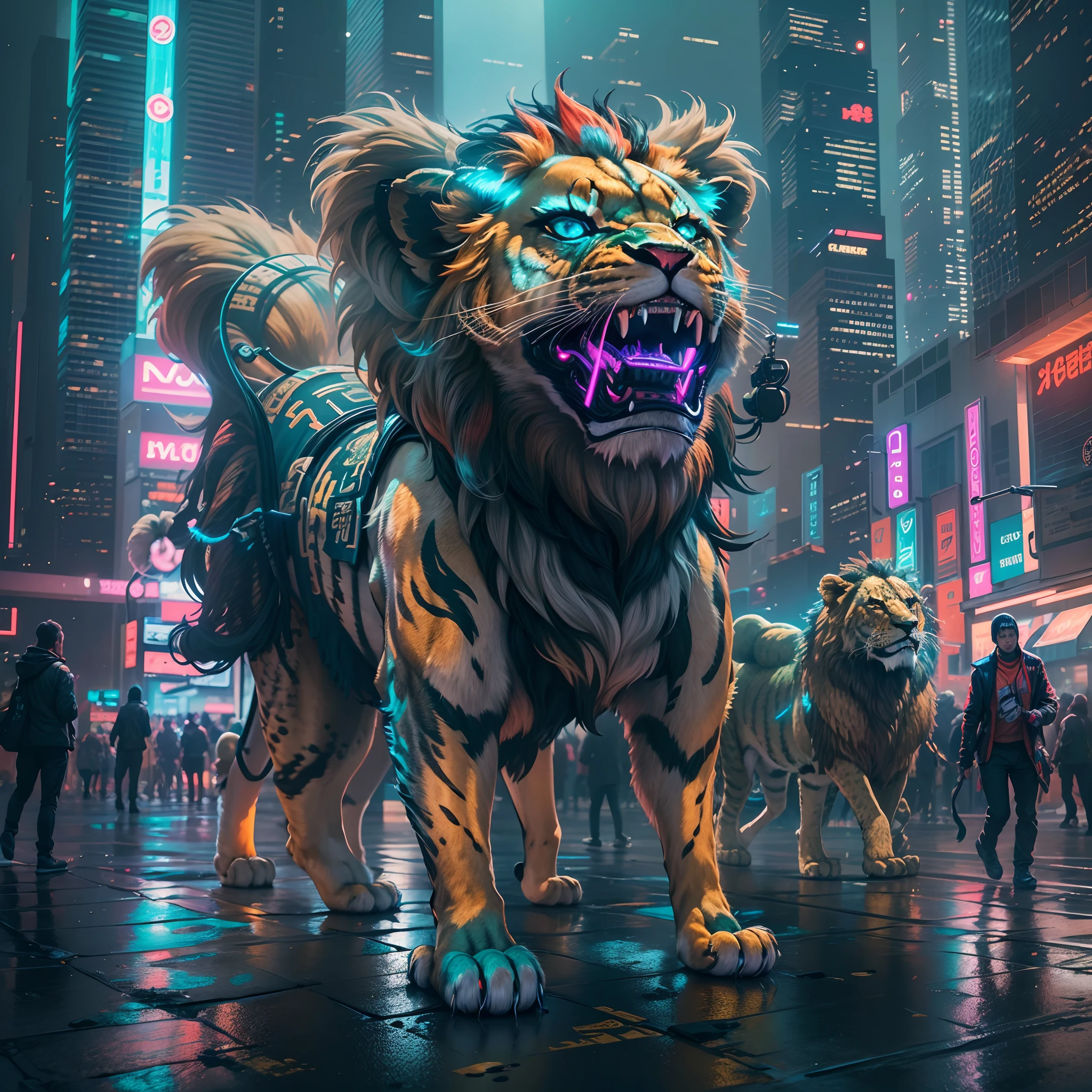 A cyberpunk lion dance in a futuristic city, (best quality, highres, ultra-detailed:1.2) with vibrant neon lights and holographic projections, mirroring off the rain-soaked streets. The lion's body adorned with glowing circuit patterns, (fierce and realistic lion head:1.37) featuring intricate details like sharp fangs and piercing eyes. The dancers, dressed in sleek black cybernetic suits, showcasing fluid and acrobatic movements as they perform the lion dance routine. The surroundings consist of towering skyscrapers, filled with bustling crowds of both humans and androids, (high-tech urban metropolis:1.1) that pulsate with energy. The atmosphere is filled with a sense of both excitement and danger, (sci-fi tech aesthetic) as futuristic cars race by, leaving trails of colorful streaks behind them.