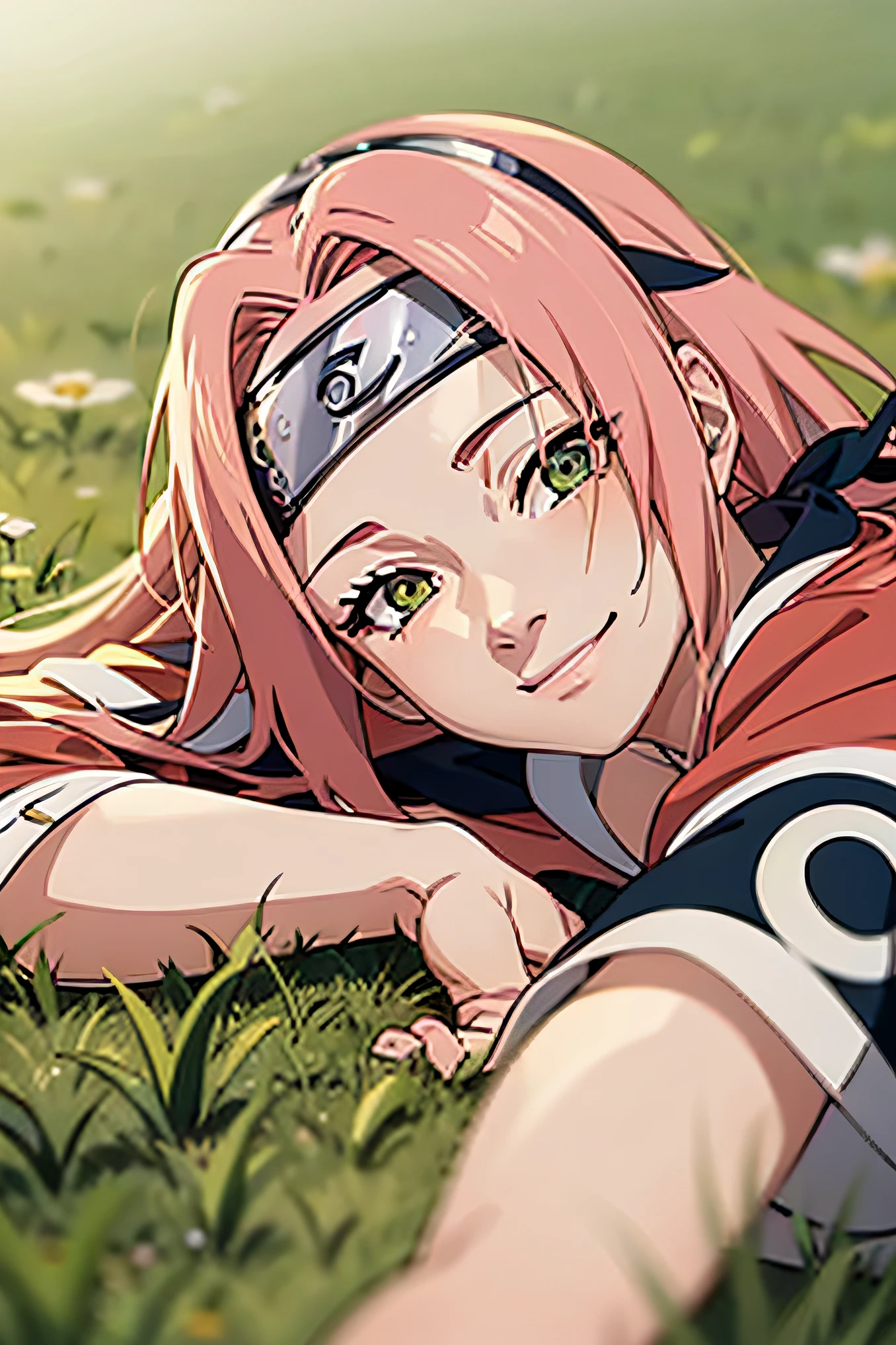 haruna sakura lying on the grass, smiling, relaxed, wind blowing, pink outfit, konoha headband, naruto anime style, relaxing scene