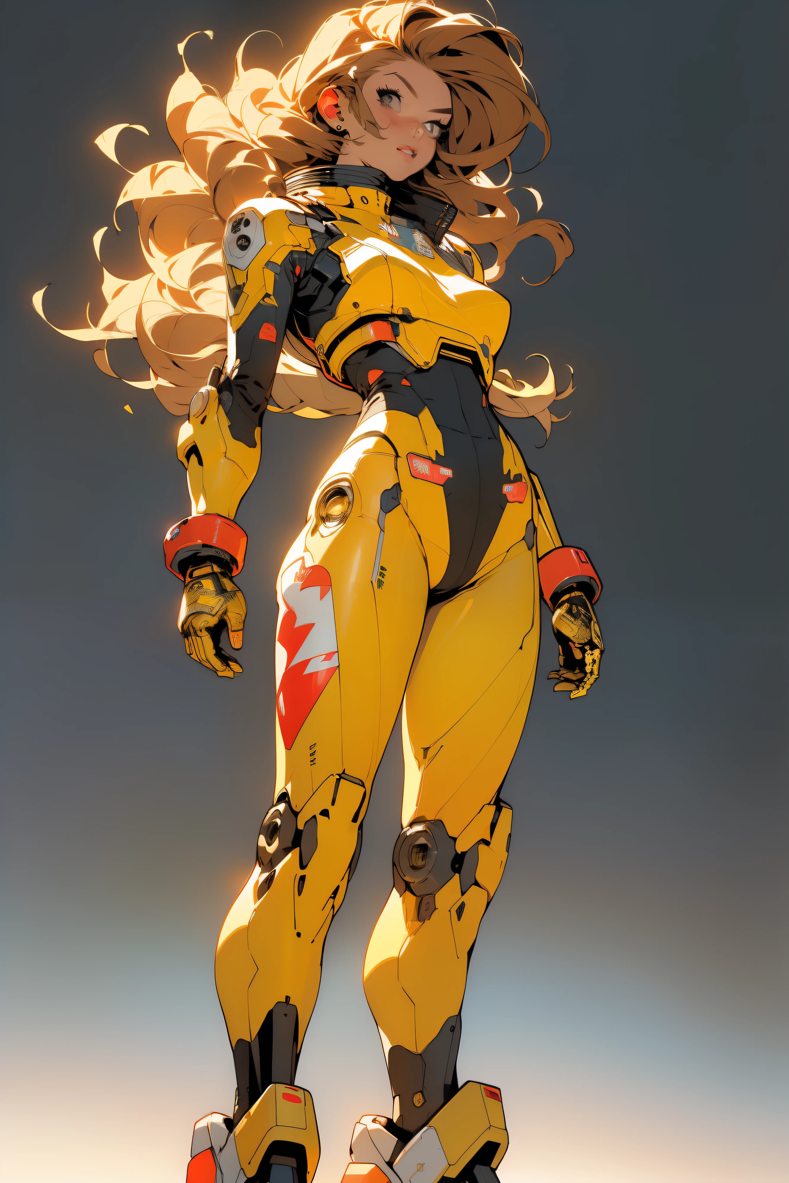 ((Best quality)), ((masterpiece)), (detailed: 1.4), (Absurd), (((full body)), (((woman))), 35-year-old woman, Beautiful fit woman, giant robot pilot, wild with perfect thin body, wearing little clothing, tiny thong, clothing with Japanese graphic patterns, halftone pattern and vertical stripes, yellow gold, coming out of the body of a giant robot