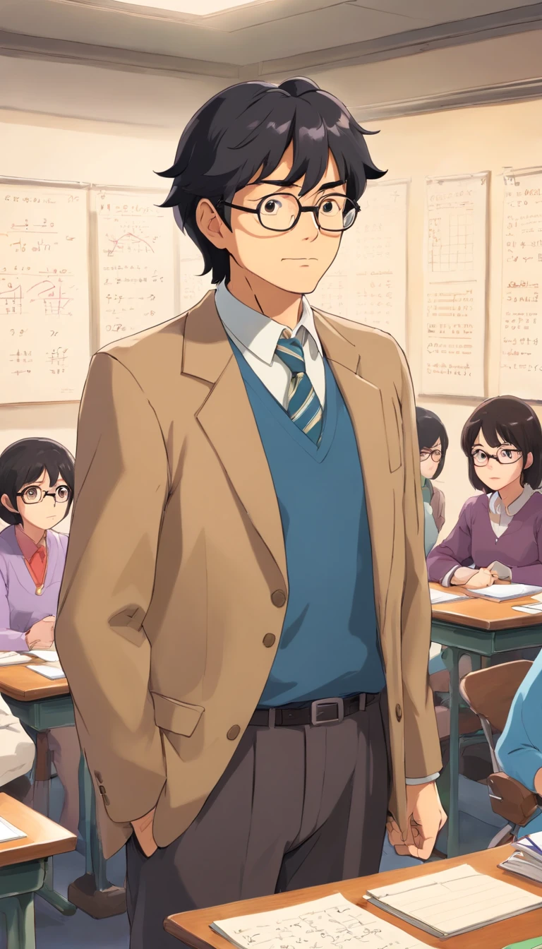 A math teacher,man,black hair,eyeglasses,not to old,age 50 years old,standing in front of the class,look like a boomer,look like a uncle,wearing tearcher outfit.